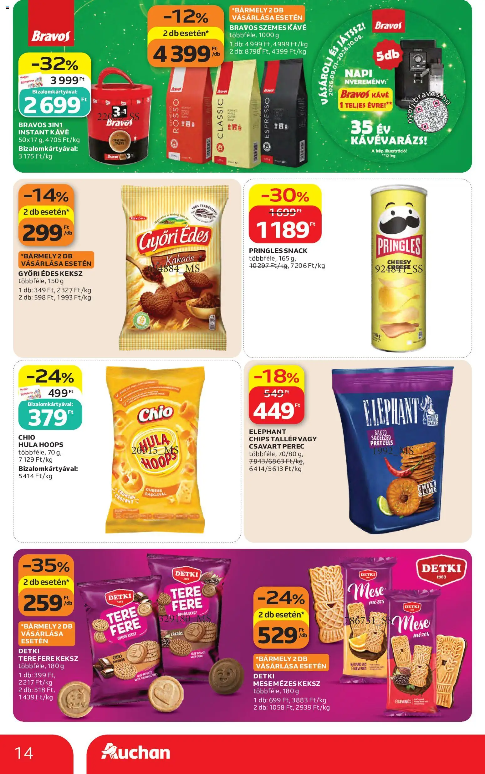 Auchan akciós ujság - amely érvényes a következő dátumtól: 2026.09.10. | Oldal: 14 | Termékek: Bravos, Csoki, Keksz, Detki