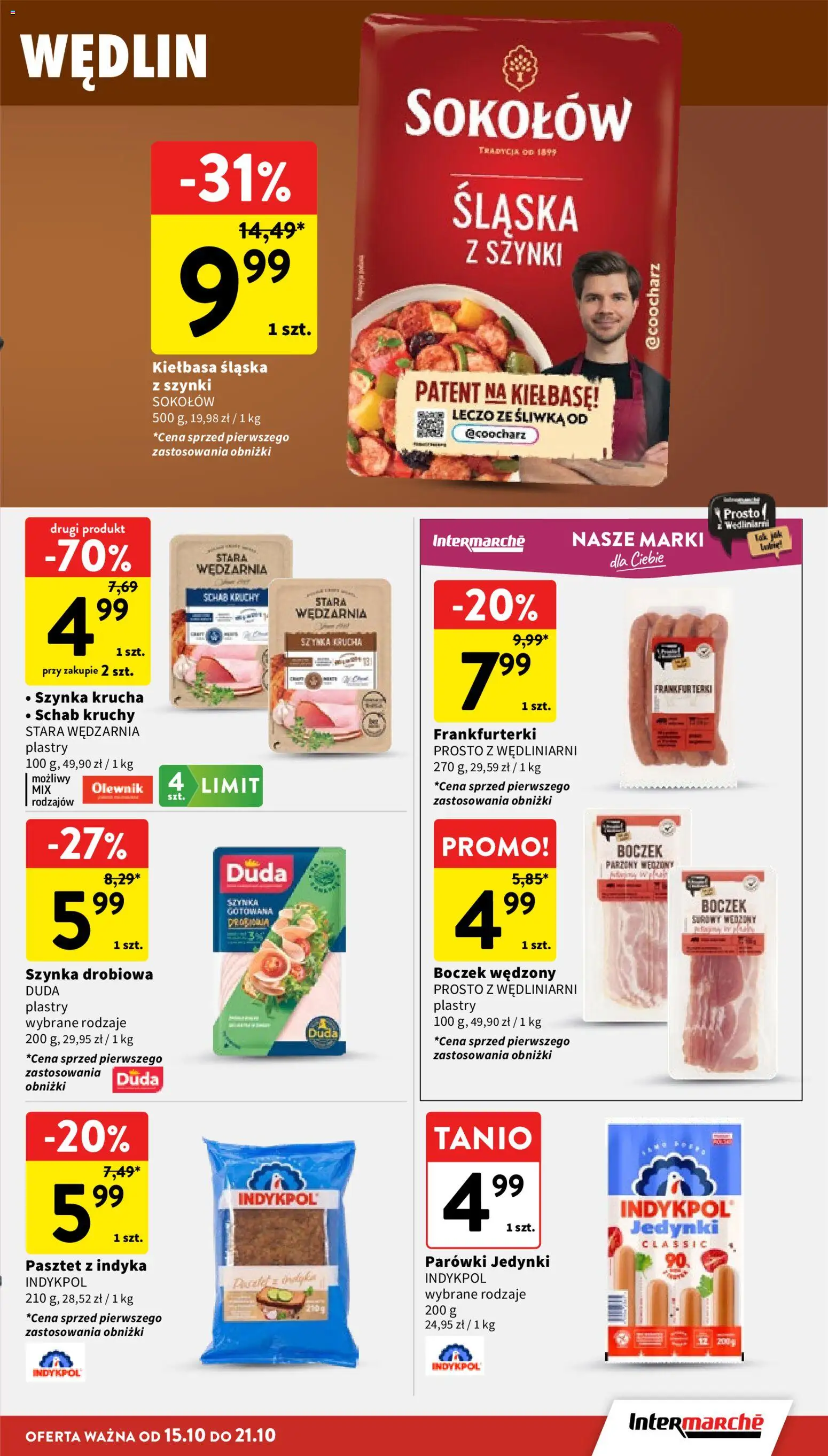 Intermarche gazetka od 15.10.2026 | Strona: 15 | Produkty: Kiełbasa, Szynka, Kiełbasa śląska, Boczek