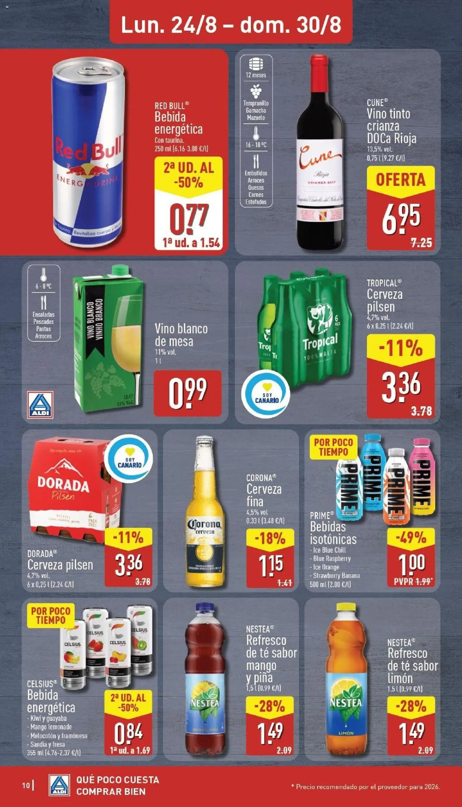 Aldi folleto Canarias │ válido desde el 24/08/2026 | Página: 10 | Productos: Bebida energética, Vino, Embutidos, Bebidas