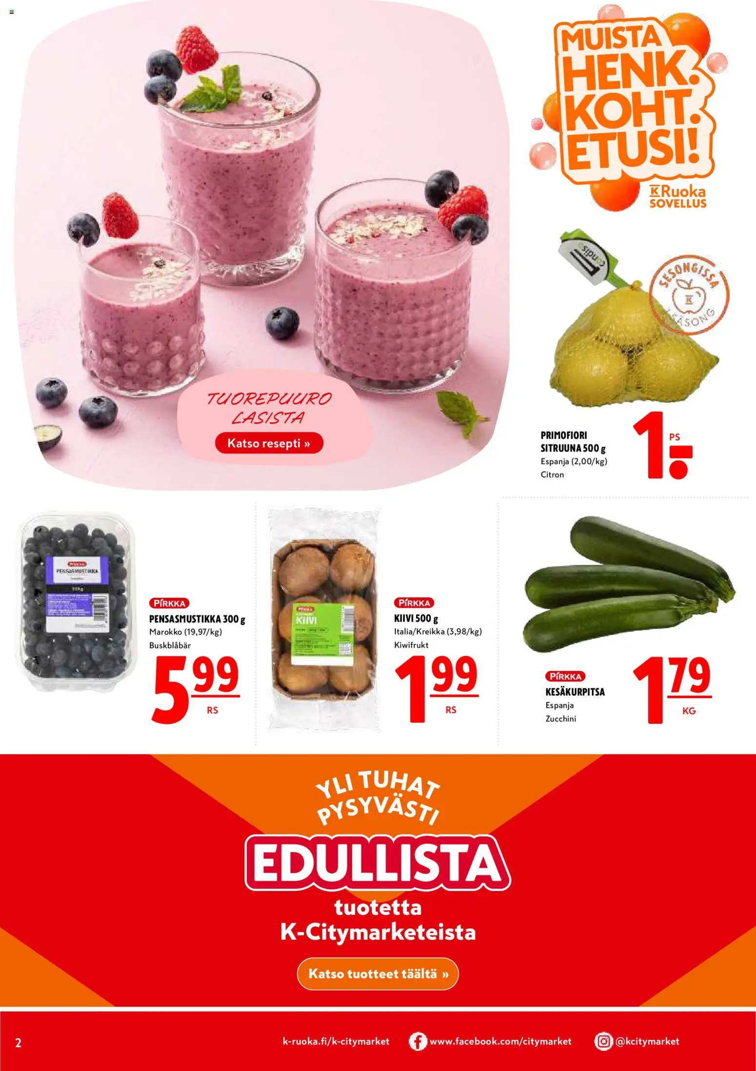 K-Citymarket tarjoukset – voimassa 16.04.2026 alkaen | Sivu: 2 | Tuotteet: Kesäkurpitsa, Kiivi