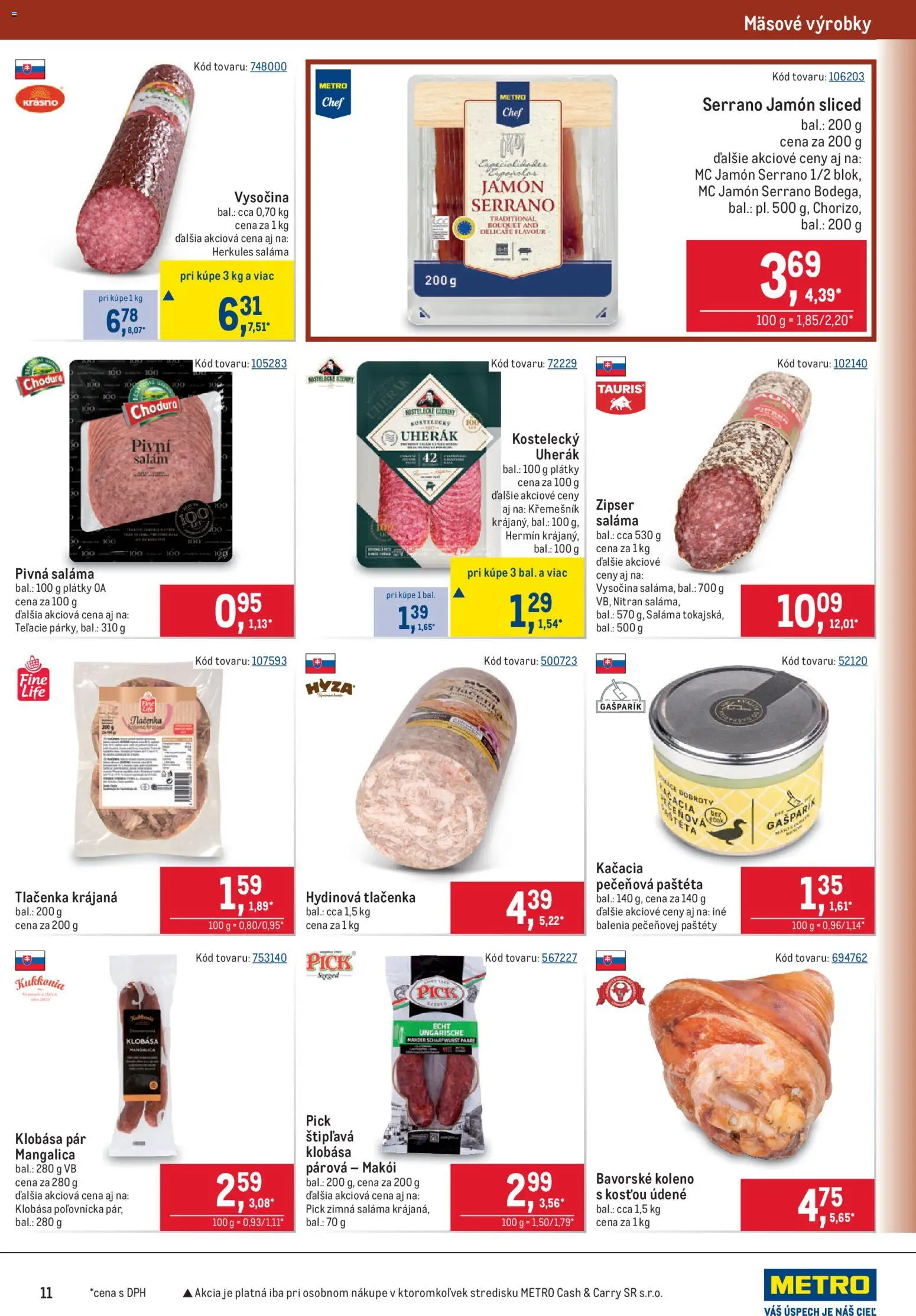 Nové Metro akcie – leták je platný od 09.09.2026 | Strana: 11 | Produkty: Saláma, Klobása, Jamón Serrano, Paštéta