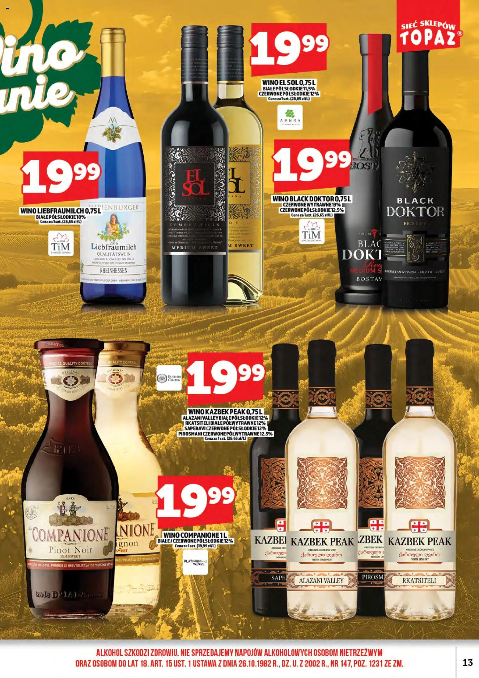 Topaz gazetka alkoholowa od 15.05.2026 | Strona: 15 | Produkty: Alazani Valley, Merlot, Wino, Sól