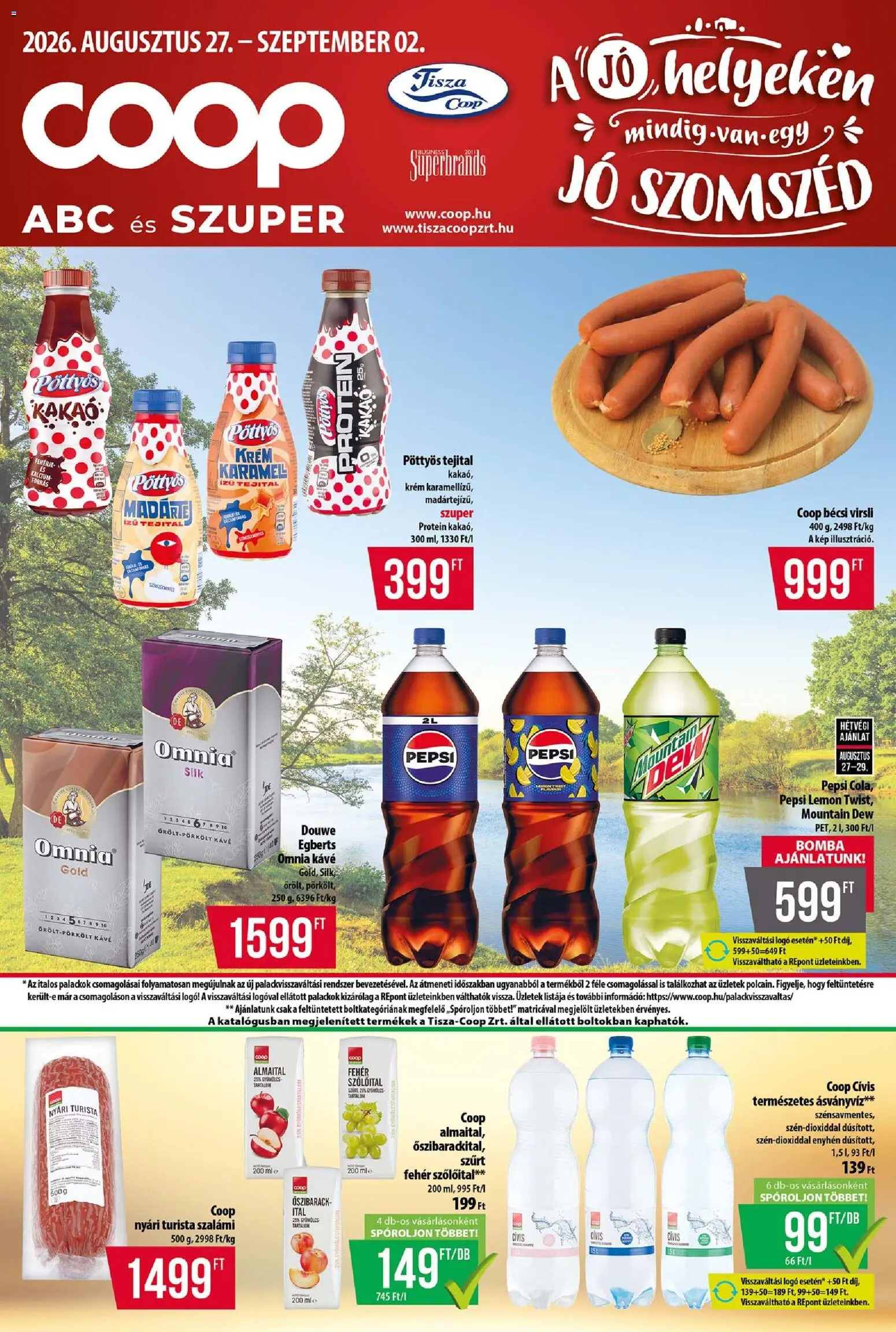 COOP akciós ujság - amely érvényes a következő dátumtól: 2026.08.27. | Oldal: 1 | Termékek: Virsli, Gyümölcs, Pöttyös, Fehérje