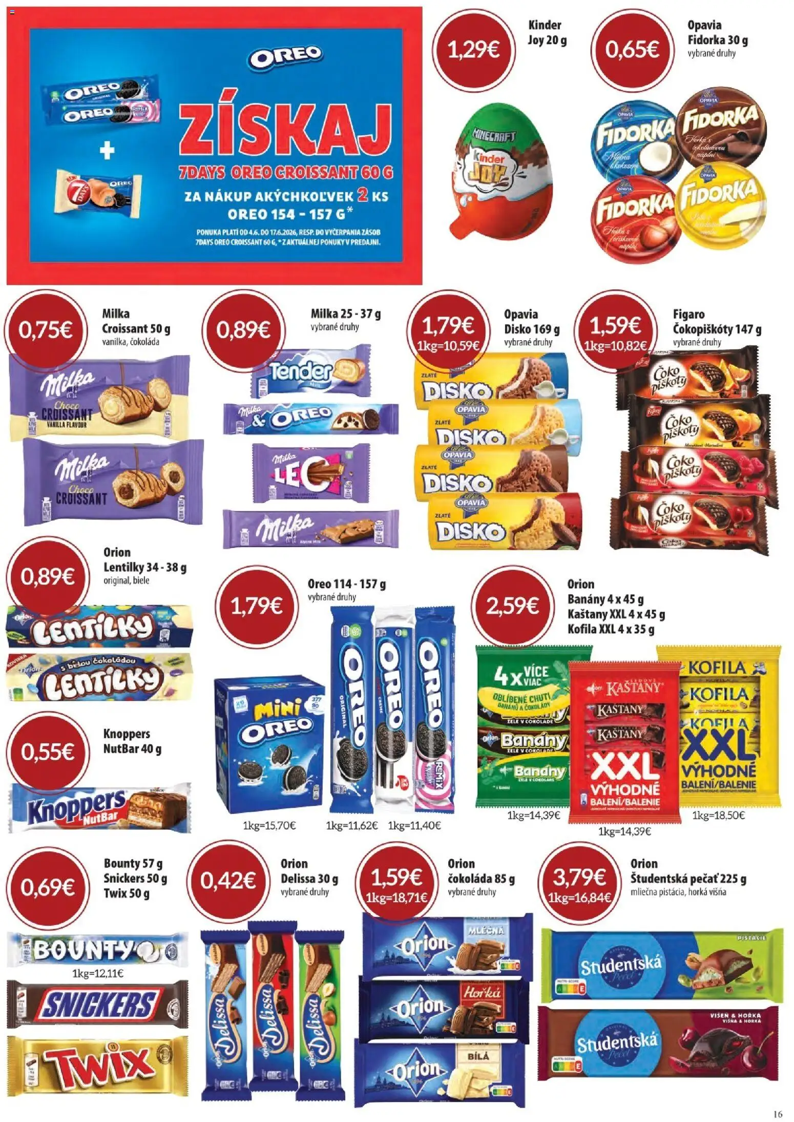 Nové CBA Komfos akcie – leták je platný od 04.06.2026 | Strana: 16 | Produkty: Croissant, Kinder, Študentská pečať, Milka