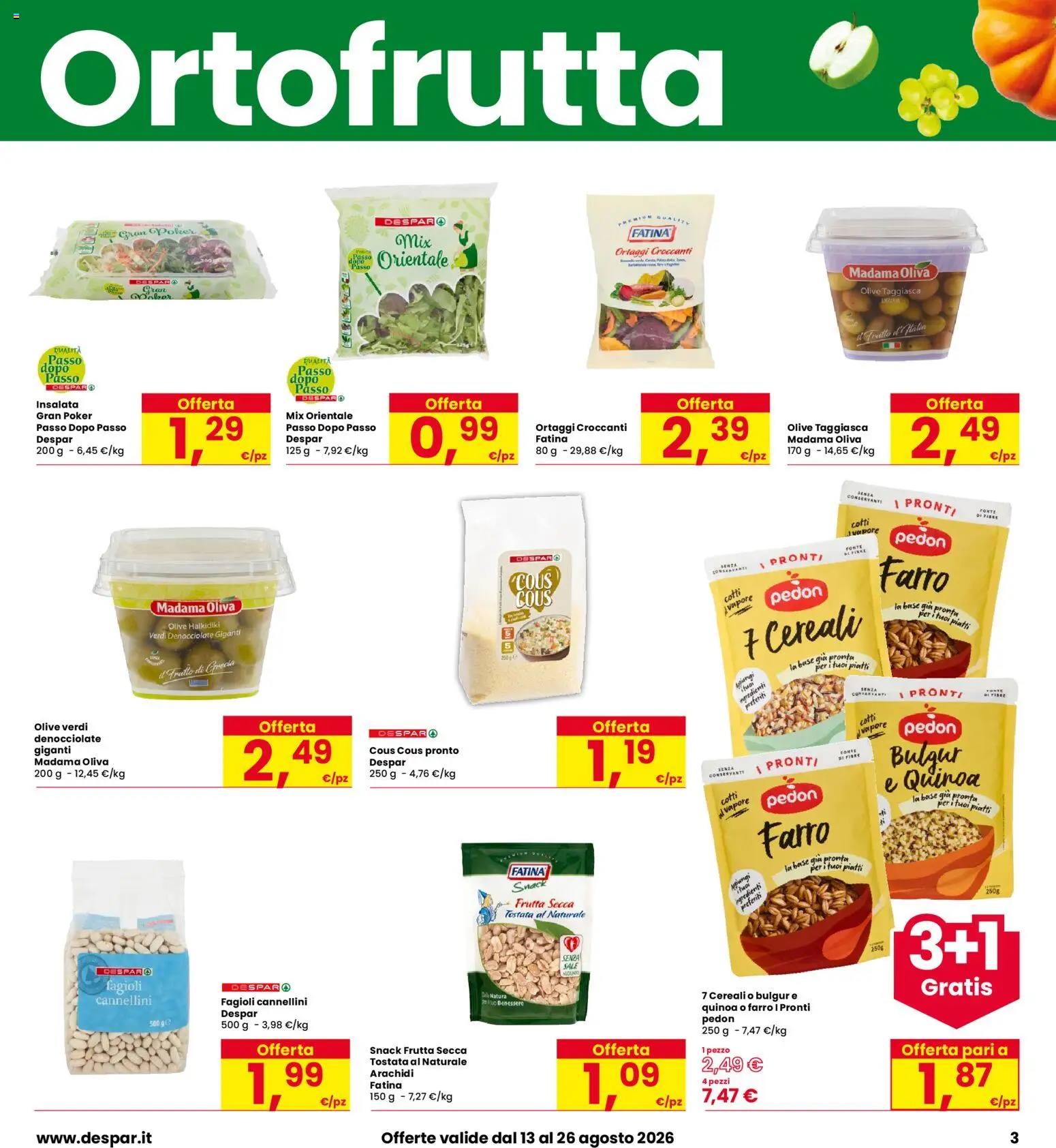 Volantino Interspar del 13/08/2026 | Pagina: 3 | Prodotti: Cereali, Olive, Ortaggi, Farro