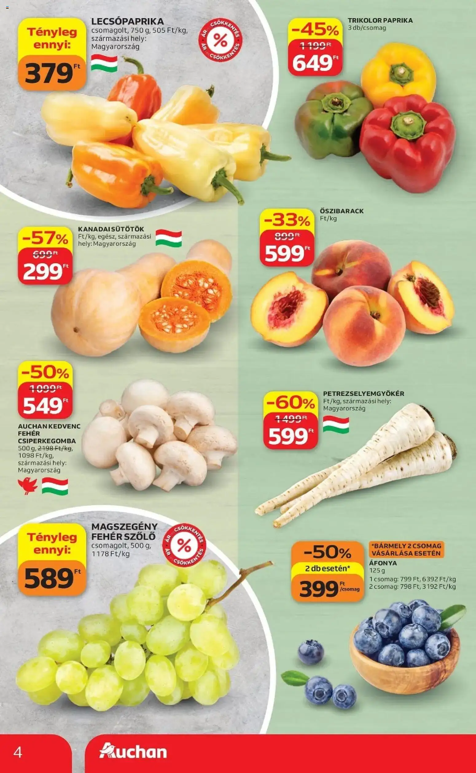 Auchan akciós újság Szolnok - 2026.09.10. -tól/töl > akció, lapozható szórólap 🛍️ | Oldal: 4 | Termékek: Őszibarack, Szőlő, Csiperkegomba, Lecsópaprika