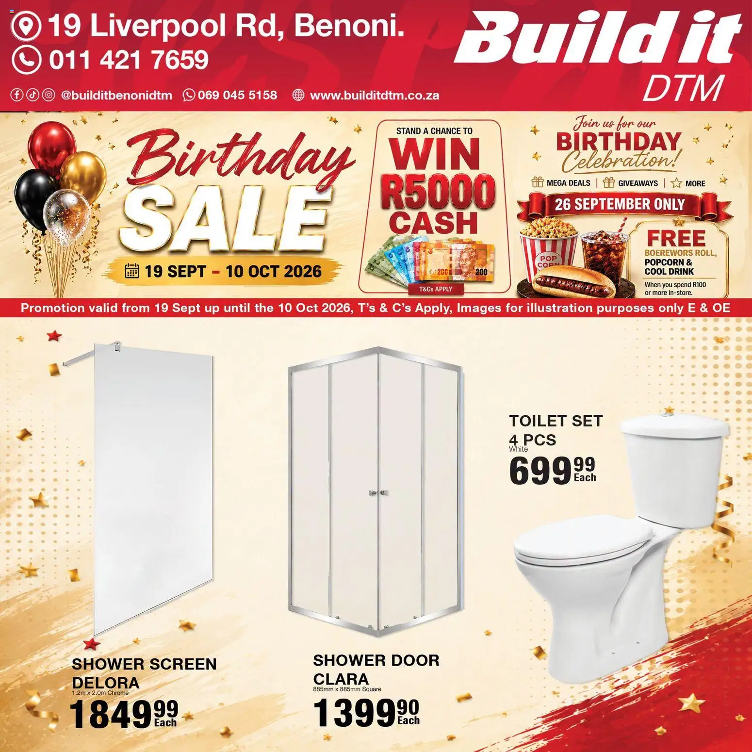 New Build It catalogue – valid from 19/09/2026 | Page: 10 | Products: Boerewors, Toilet, Shower, Popcorn