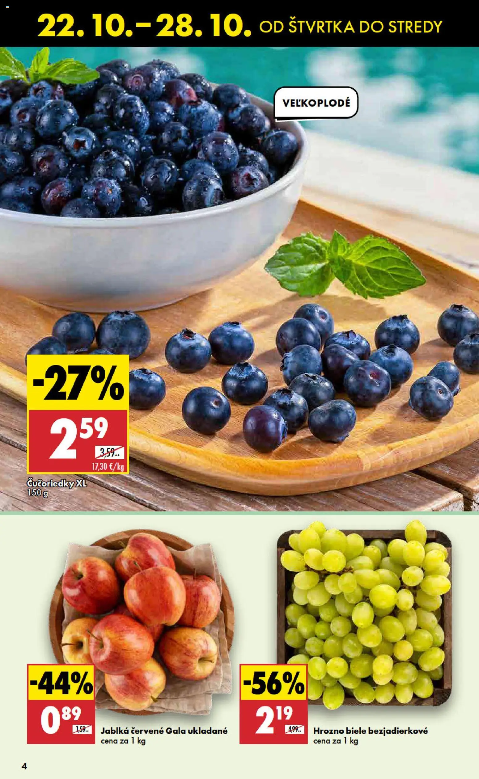 Nové Biedronka akcie – leták je platný od 22.10.2026 | Strana: 4 | Produkty: Jablká, Čučoriedky, Hrozno
