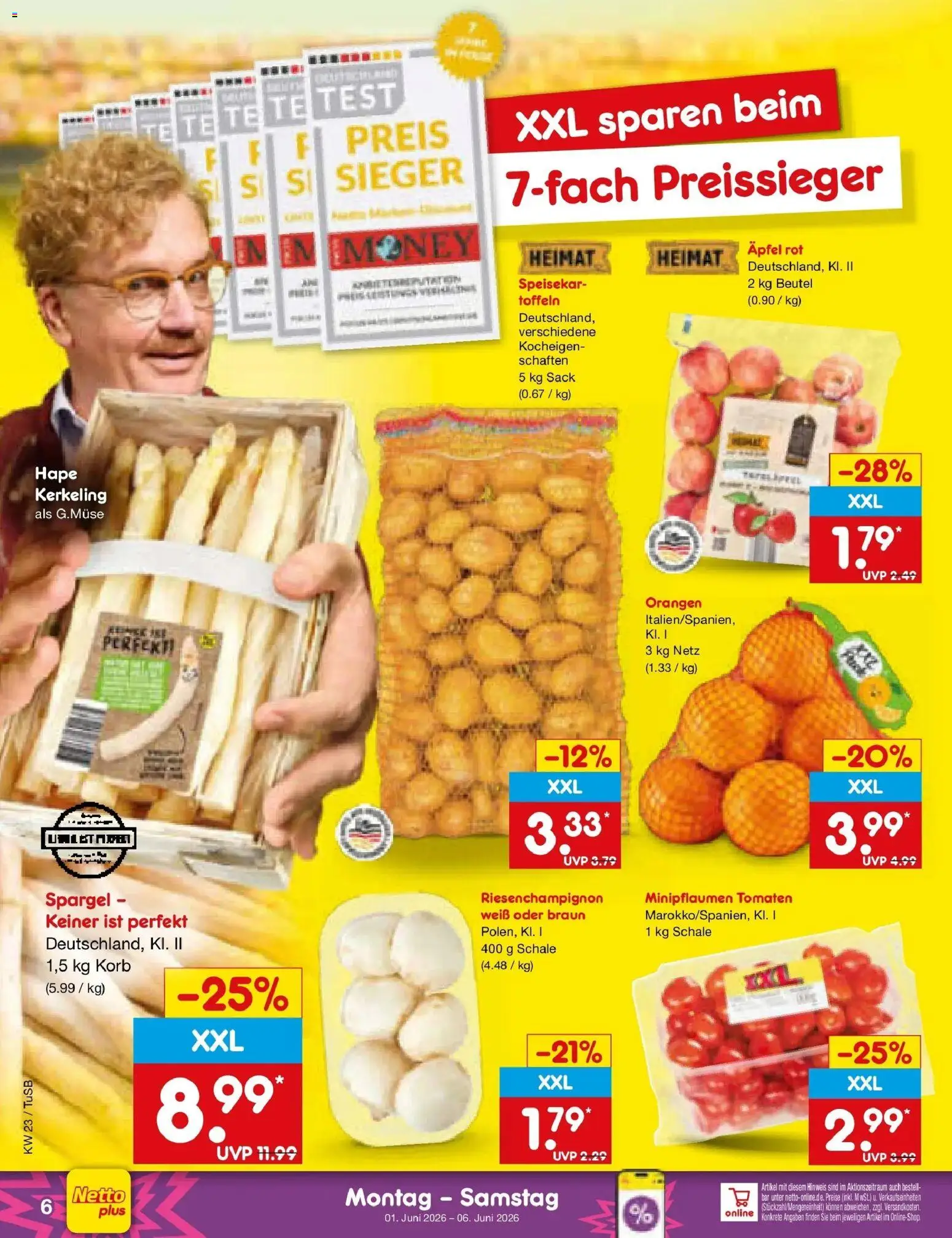 Netto Marken-Discount Prospekt Lahr-Langenwinkel – gültig ab 01.06.2026 | Seite: 6 | Produkte: Korb, Orangen, Tomaten, Spargel