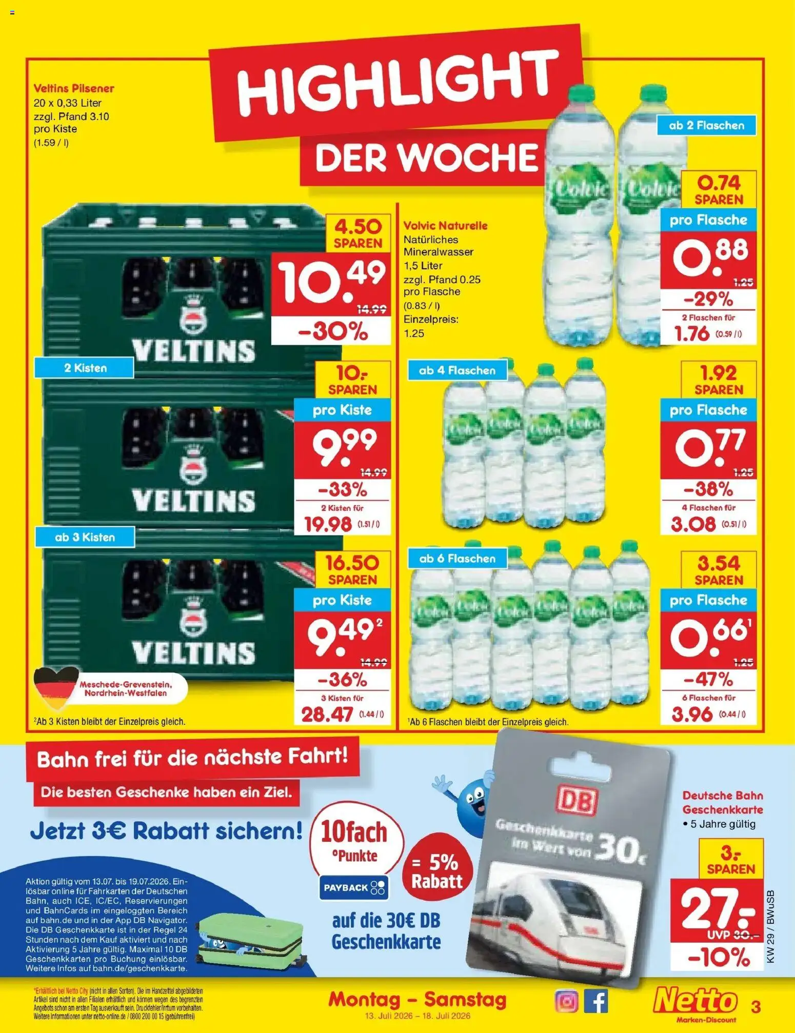 Netto Marken-Discount Prospekt Bielefeld – gültig ab 13.07.2026 | Seite: 3 | Produkte: Mineralwasser, Volvic, Veltins