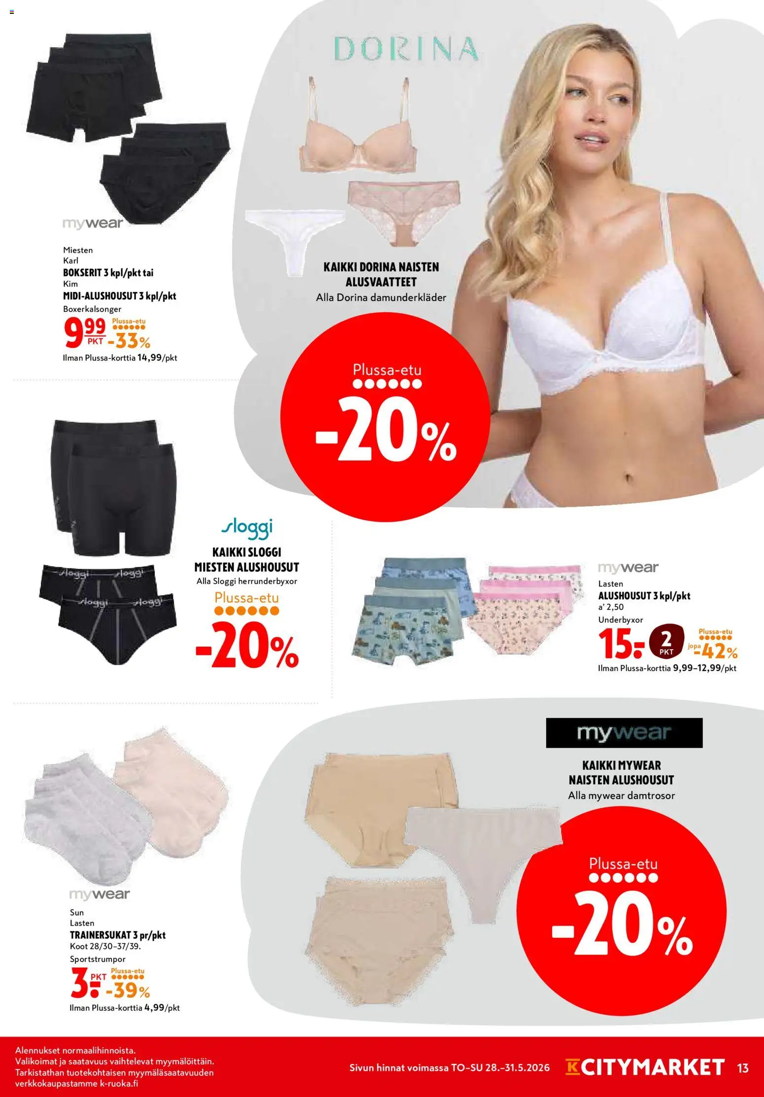 K-Citymarket tarjoukset – voimassa 28.05.2026 alkaen | Sivu: 13 | Tuotteet: Alusvaatteet, Alushousut, Bokserit