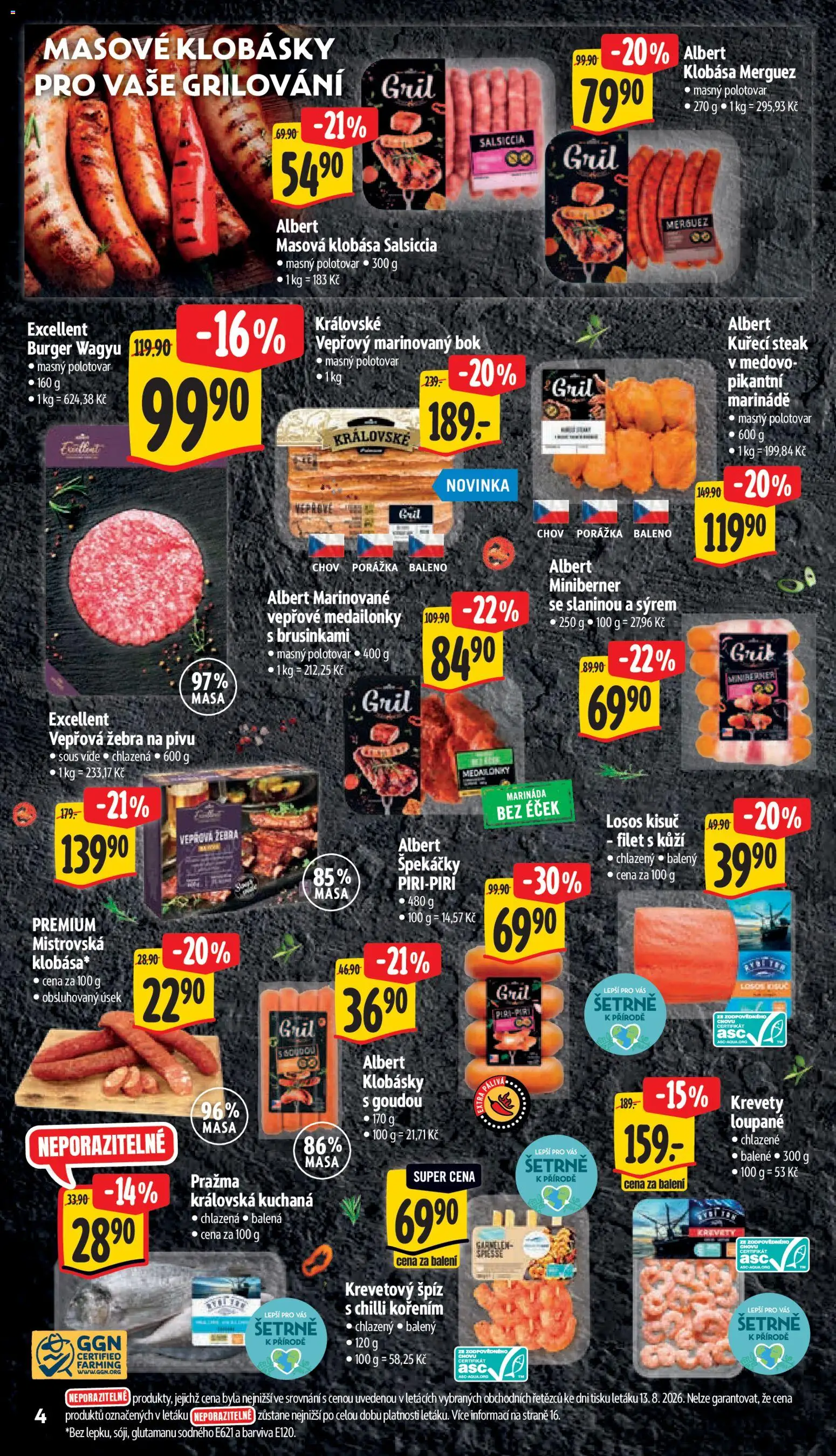 Albert leták - Supermarket od 19.08.2026 | Strana: 10 | Produkty: Špekáčky, Salsiccia, Filet, Krevety