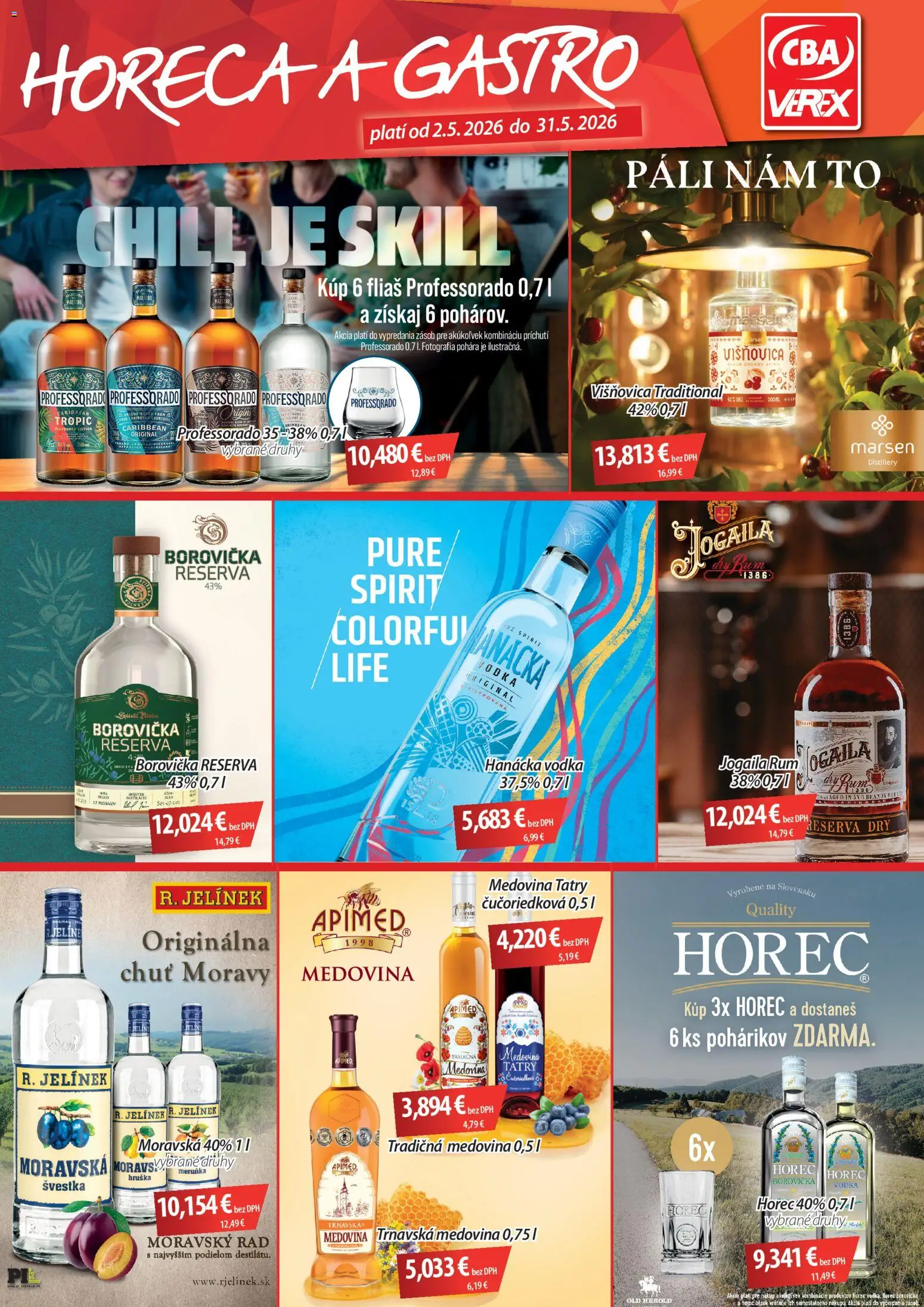 Nové CBA Verex akcie – leták je platný od 02.05.2026 | Strana: 1 | Produkty: Borovička, Brandy, Vodka, Rum