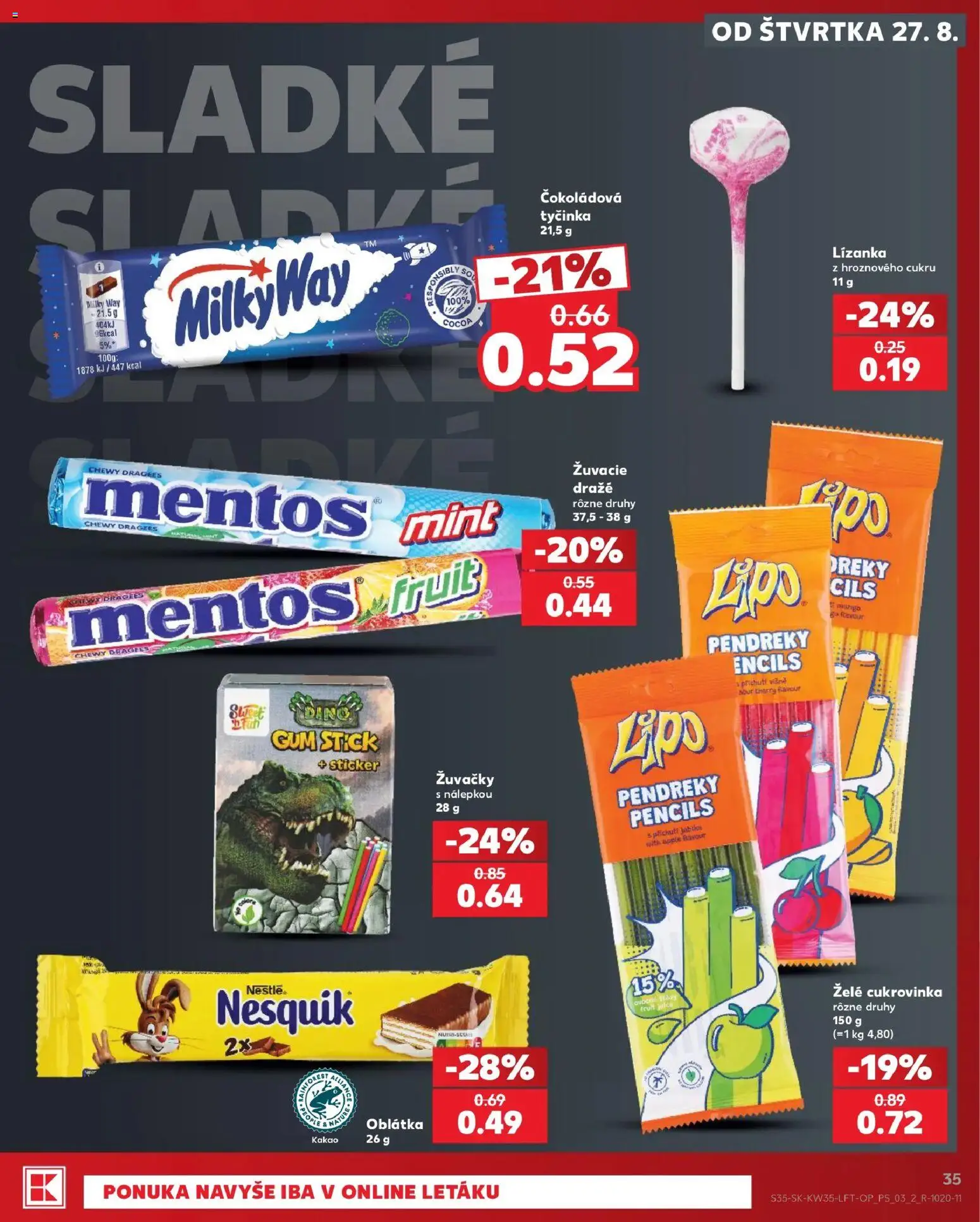 Nové Kaufland akcie – leták je platný od 27.08.2026 | Strana: 35 | Produkty: Čokoládová tyčinka, Žuvačky, Nesquik, Kakao