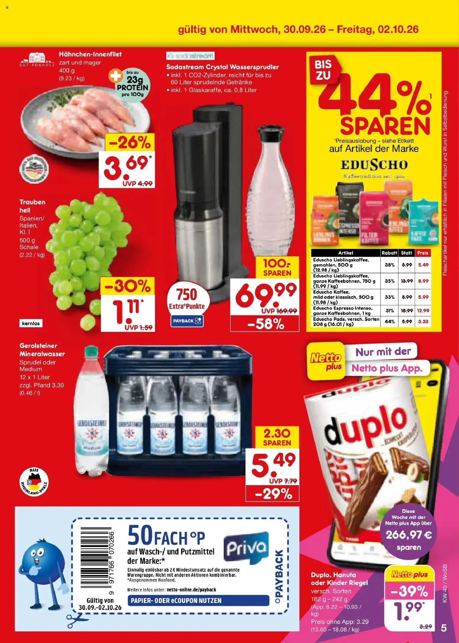 Netto Marken-Discount Prospekt Mannheim – gültig ab 28.09.2026 | Seite: 57 | Produkte: Trauben, Kinder riegel, Mineralwasser, Gerolsteiner