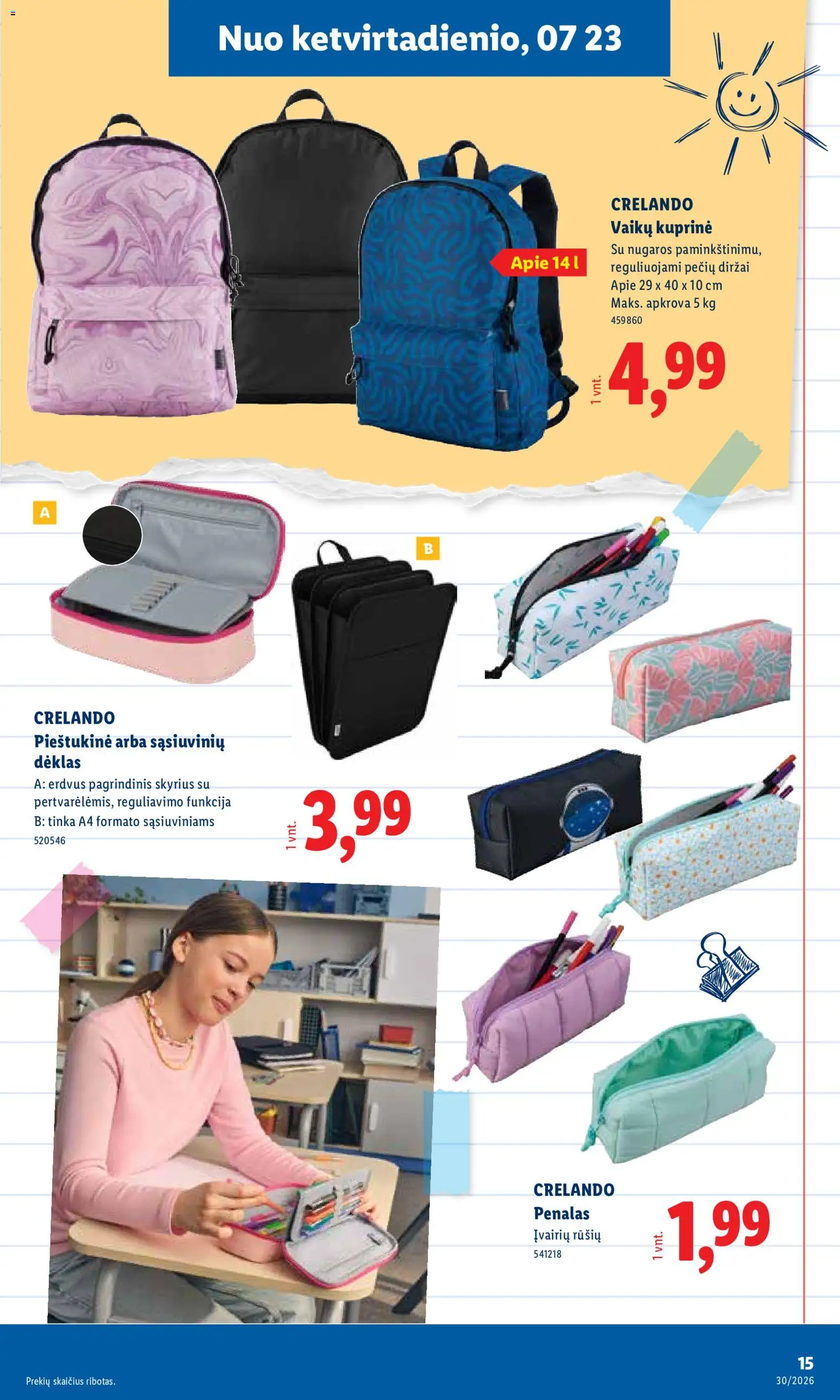 LIDL akcijos nuo 2026.07.20 | Puslapis: 15 | Prekių: Dėklas, Kuprinė