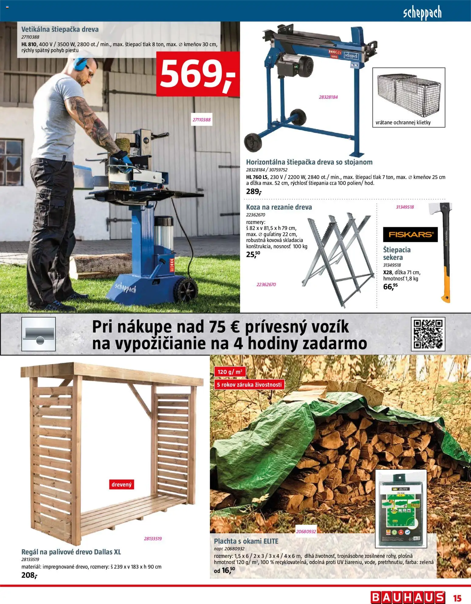 Nové Bauhaus akcie – leták je platný od 07.09.2026 | Strana: 15 | Produkty: Plachta, Regál, Hodiny, Štiepačka