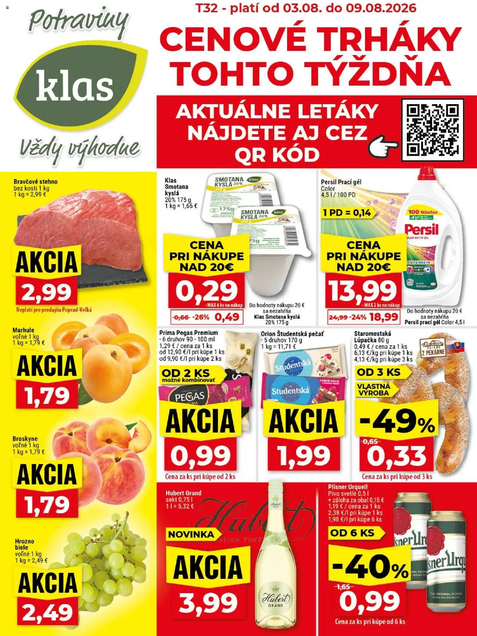 Nové Klas akcie – leták je platný od 03.08.2026 | Strana: 1 | Produkty: Pilsner Urquell, Persil, Sekt, Broskyne