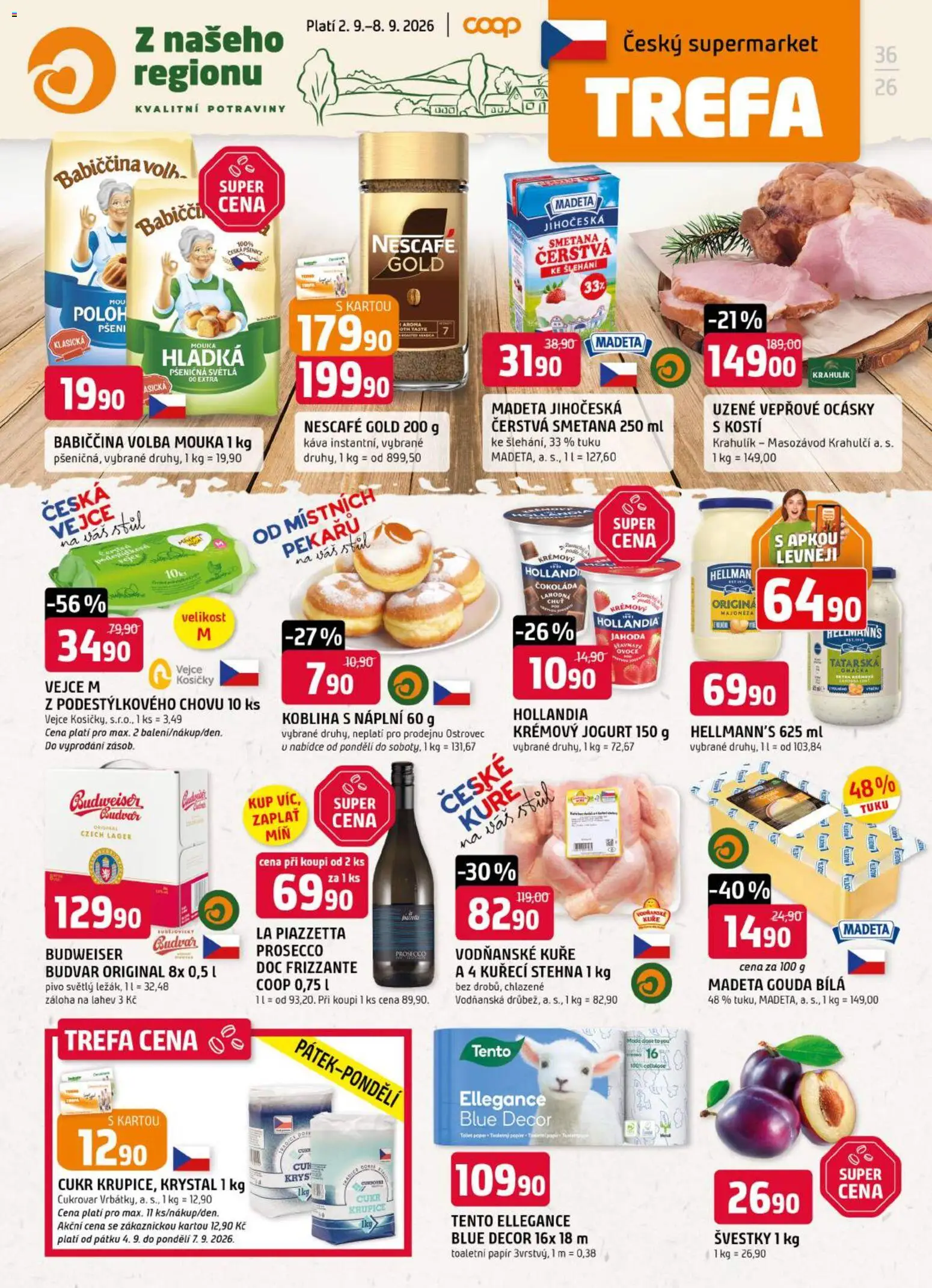 Trefa leták od 02.09.2026 | Strana: 1 | Produkty: Kobliha, Budvar, Vejce M, Kuře