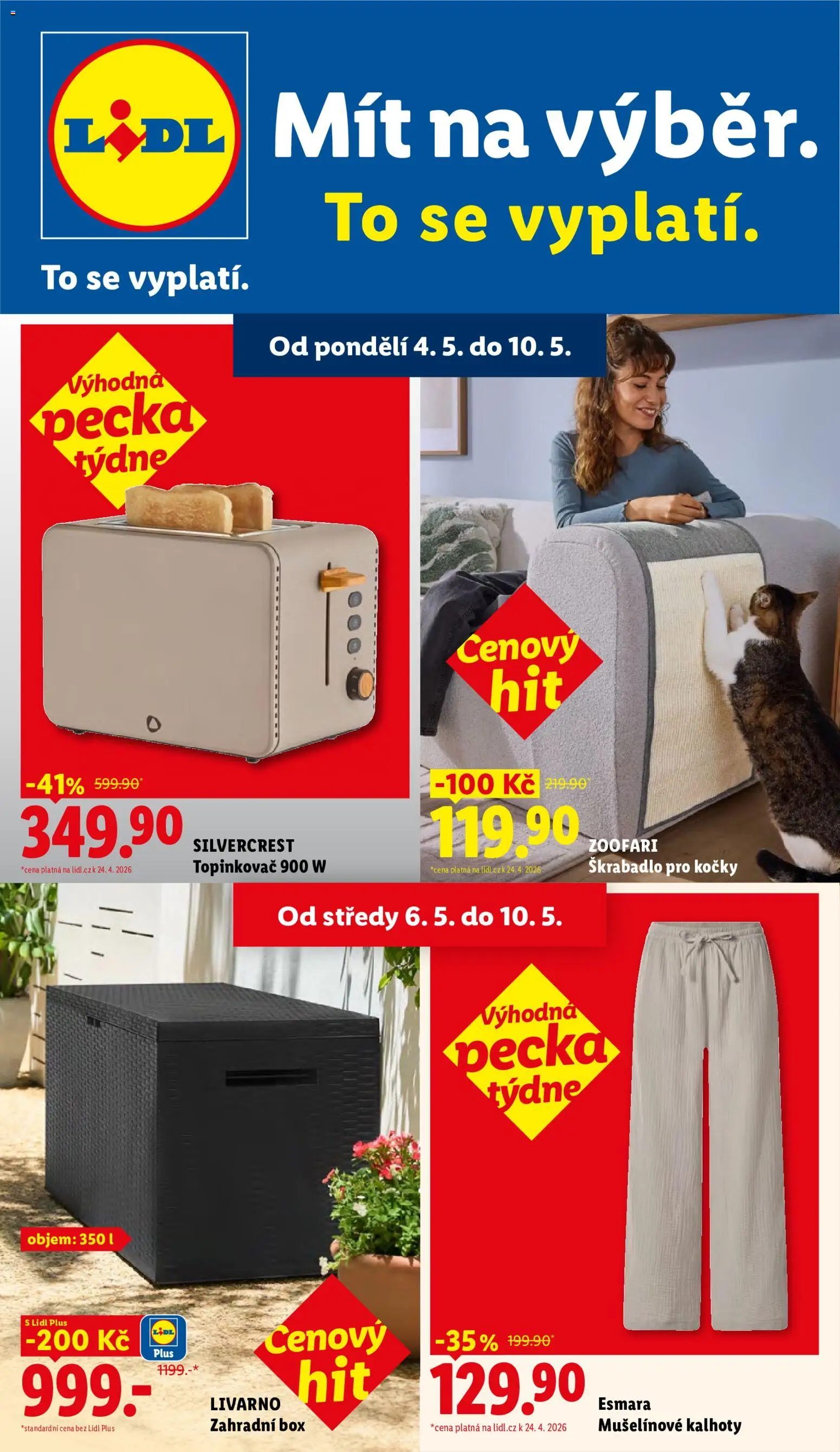 Lidl leták - Spotřební zboží od 04.05.2026 | Strana: 1 | Produkty: Box, Kalhoty, Škrabadlo pro kočky, Topinkovač
