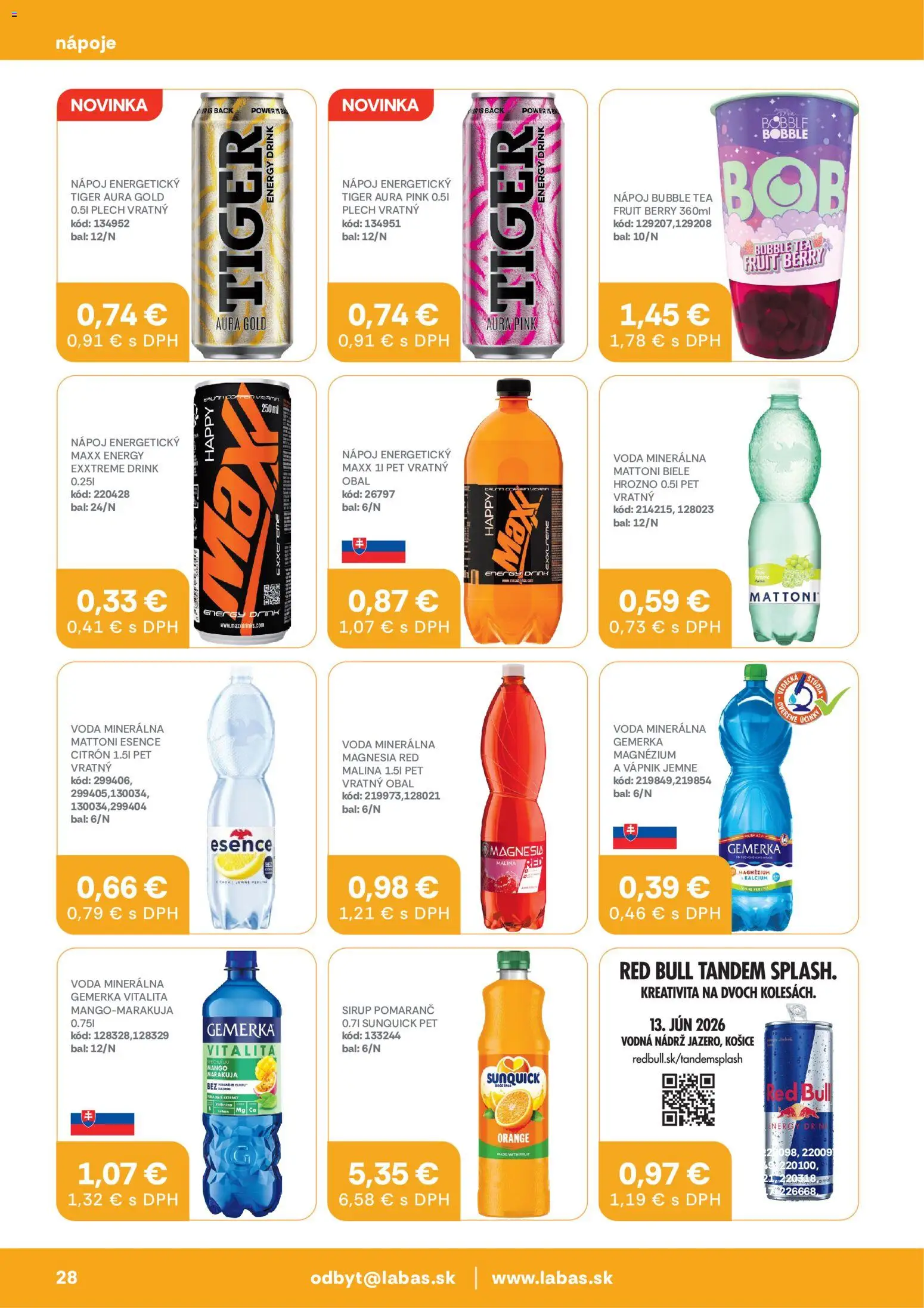 Nové Labaš akcie – leták je platný od 05.06.2026 | Strana: 28 | Produkty: Mattoni, Voda, Gemerka, Energetický nápoj