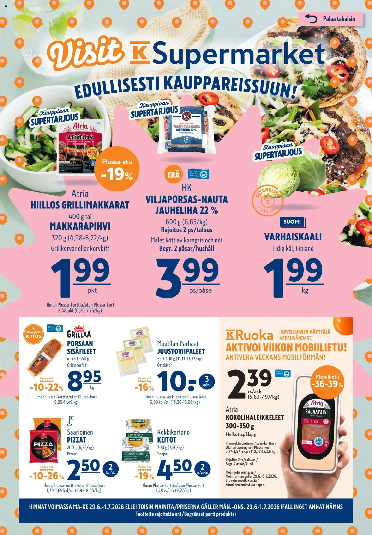 K-Supermarket tarjoukset – voimassa 29/06/2026 alkaen | Sivu: 1 | Tuotteet: Jauheliha, Pizza