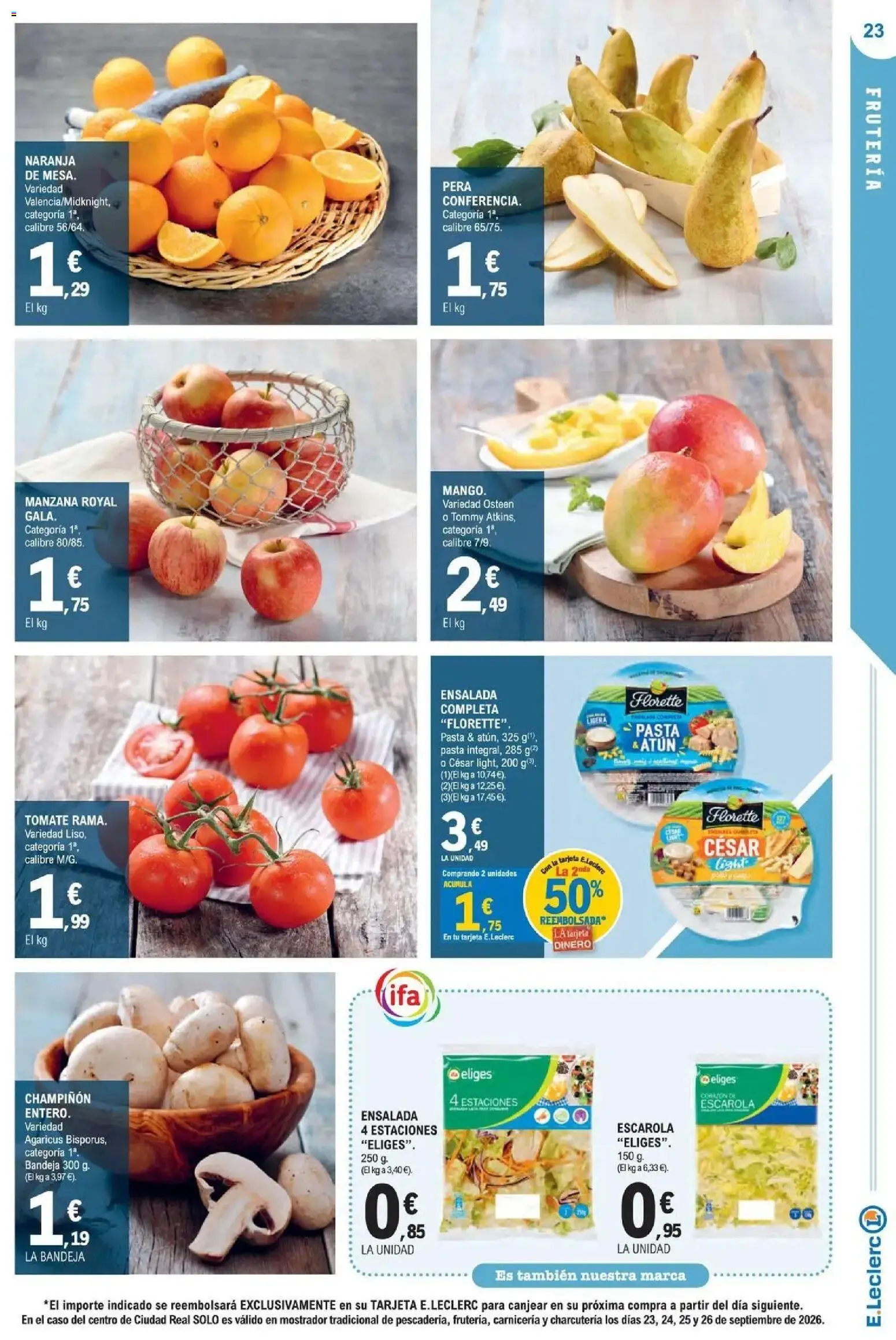 E.Leclerc Megames 1 │ válido desde el 23/09/2026 | Página: 23 | Productos: Pasta, Ensalada, Mango, Bandeja