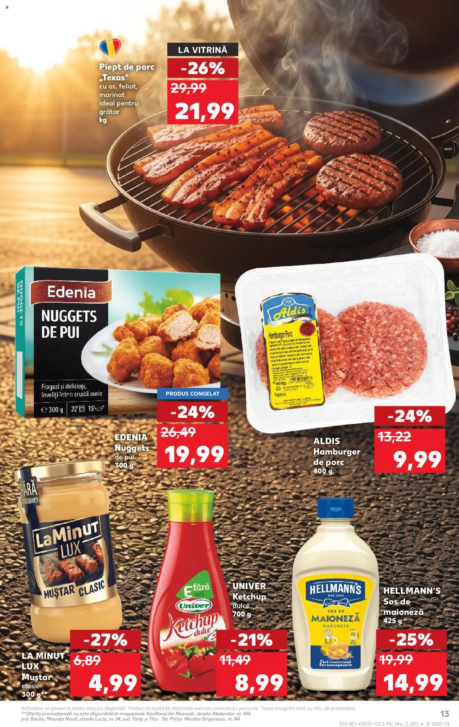 Kaufland RO akciós ujság - amely érvényes a következő dátumtól: 20.05.2026 | Oldal: 13 | Termékek: Hamburger, Nuggets, Ketchup, Mustár