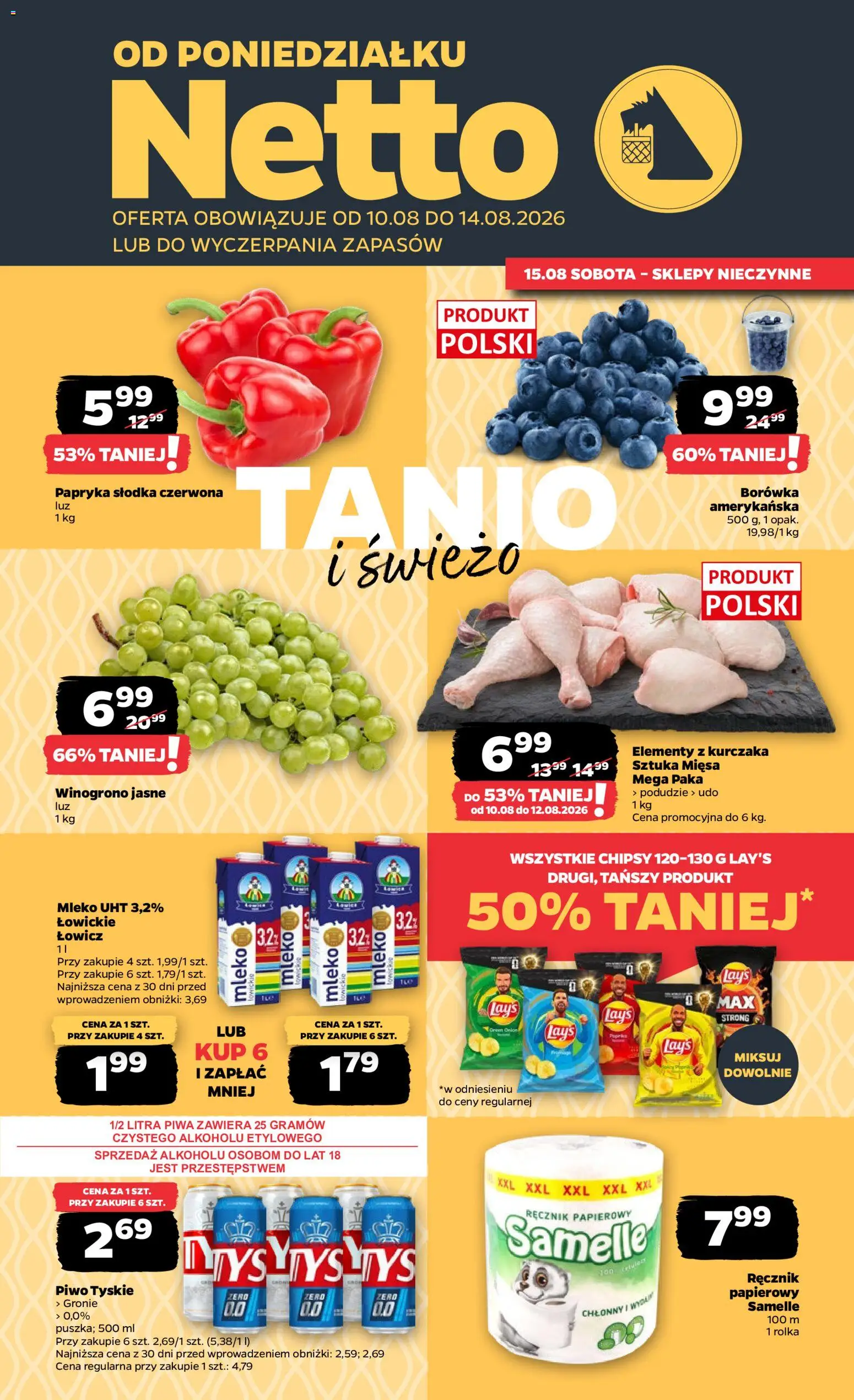 Netto gazetka od poniedziałku od 10.08.2026 | Strona: 1 | Produkty: Chipsy, Tyskie, Mleko UHT, Piwo