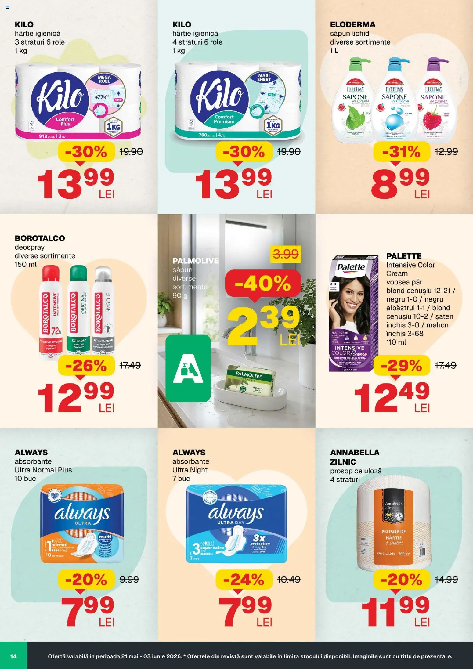 Noul catalog Annabella – valabil de la 21.05.2026 | Pagină: 14 | Produse: Vopsea, Role, Săpun, Absorbante