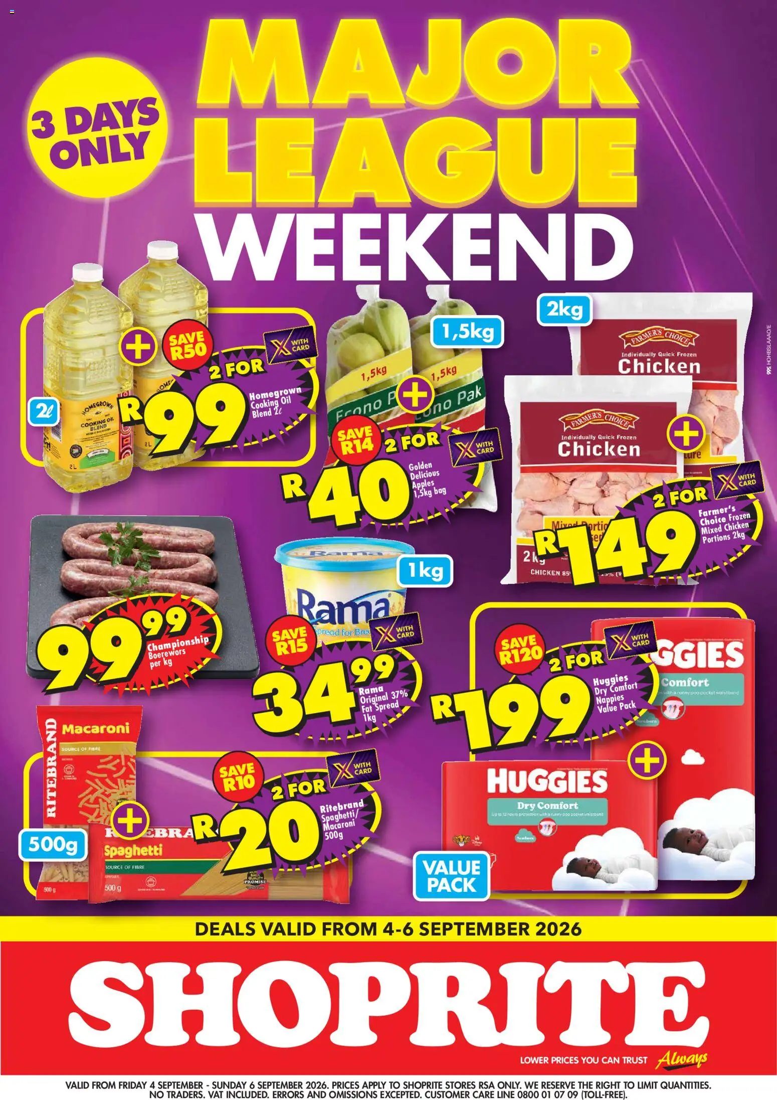 New Shoprite catalogue – valid from 04/09/2026 | Page: 1 | Products: Frozen chicken, Apples, Spaghetti, Nappies