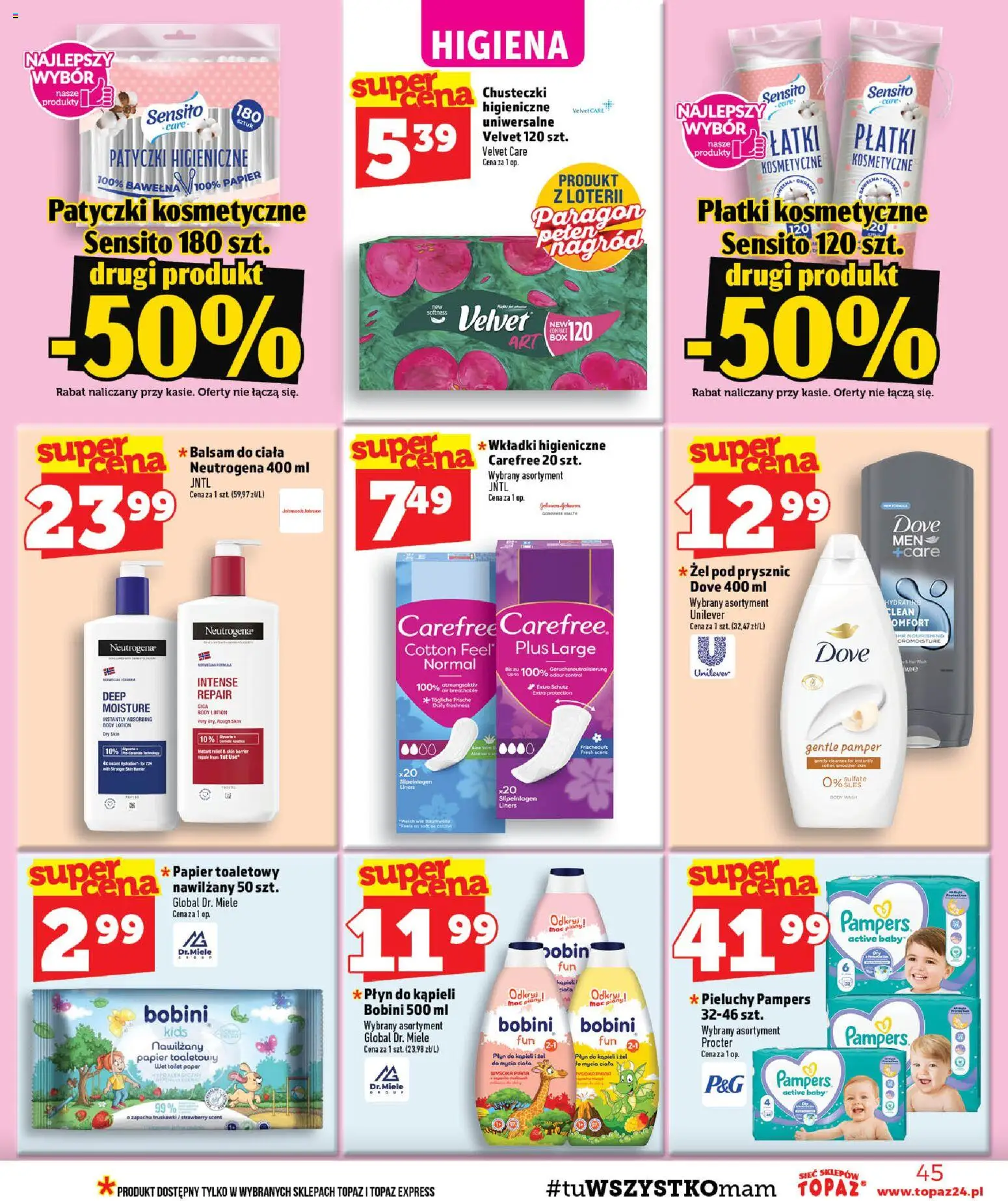 Topaz gazetka od 08.10.2026 | Strona: 45 | Produkty: Płyn do kąpieli, Pieluchy pampers, Truskawki, Żel pod prysznic