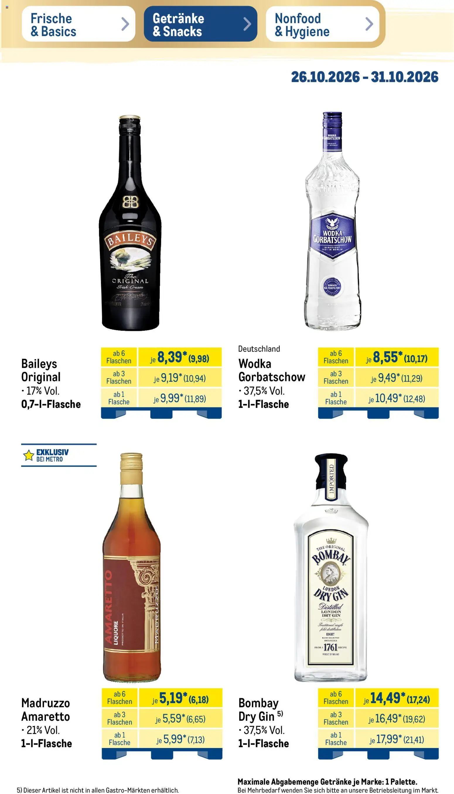 Metro Prospekt – gültig ab 26.10.2026 | Seite: 31 | Produkte: Baileys, Wodka gorbatschow, Gin, Wodka