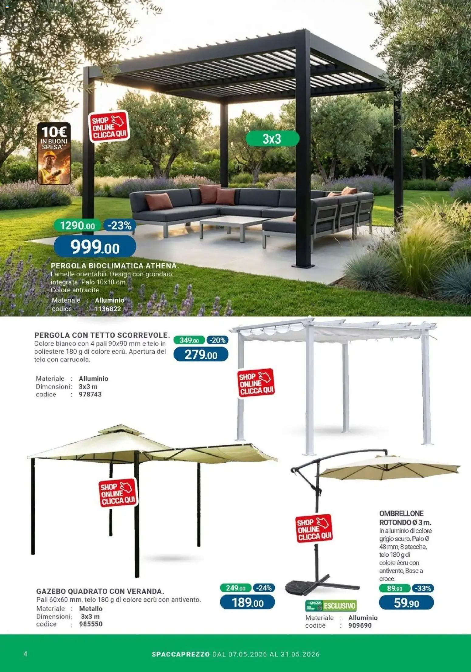 Volantino CFadda del 06.05.2026 | Pagina: 4 | Prodotti: Ombrellone, Gazebo, Pergola, Alluminio
