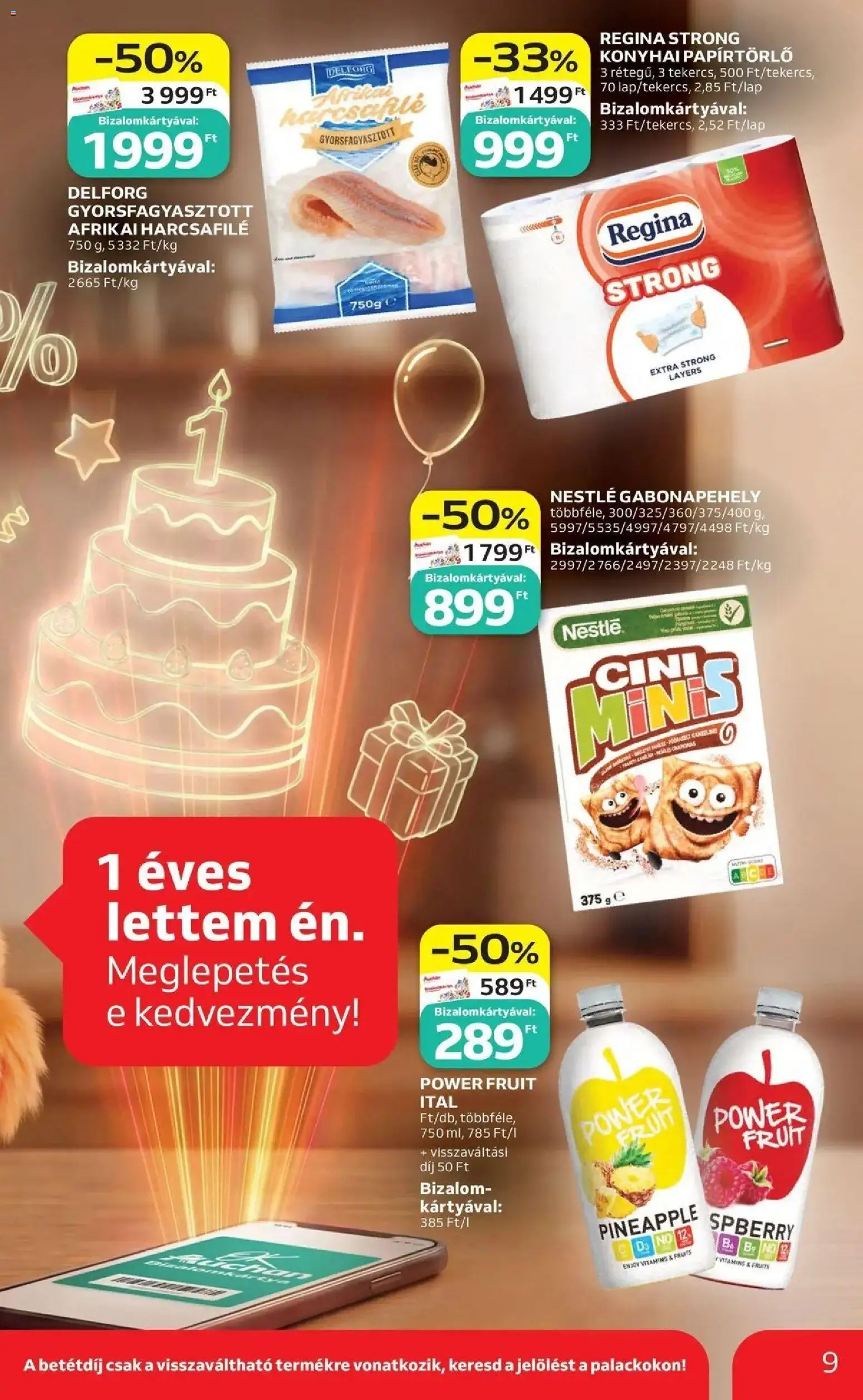 Auchan akciós ujság - amely érvényes a következő dátumtól: 14.05.2026 | Oldal: 9 | Termékek: Gabonapehely, Papírtörlő, Afrikai harcsafilé
