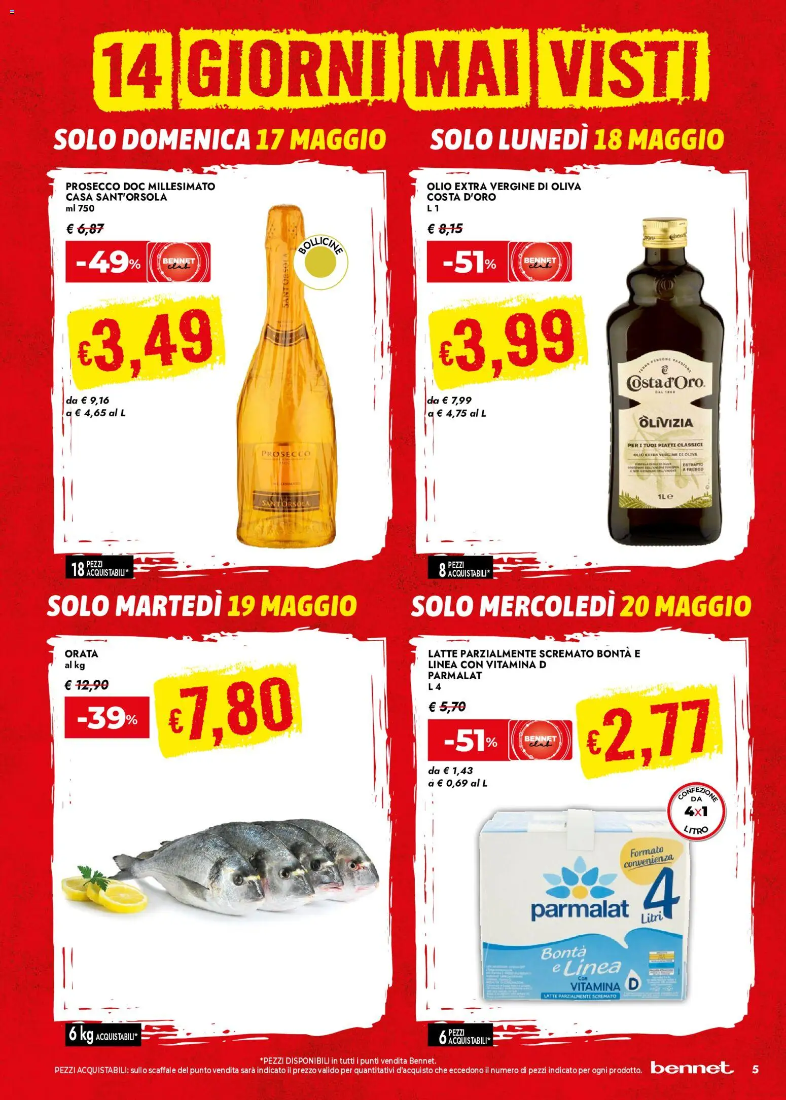 Volantino bennet del 07.05.2026 | Pagina: 5 | Prodotti: Prosecco, Orata, Olio extra vergine, Latte parzialmente scremato