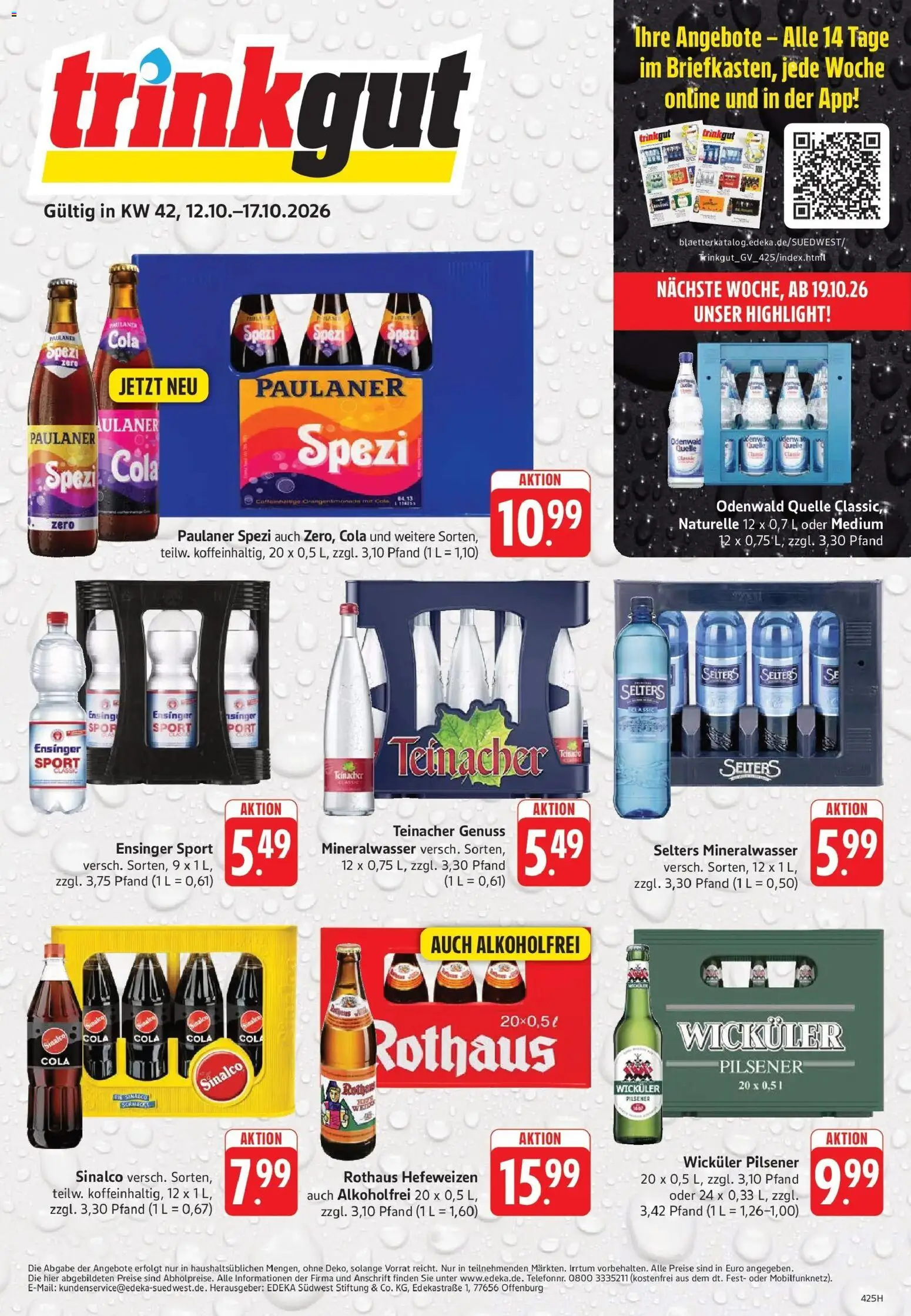 Trinkgut Prospekt Eberbach (ab 12.10.2026) » Angebote online | Seite: 1 | Produkte: Sinalco, Cola, Mineralwasser, Paulaner