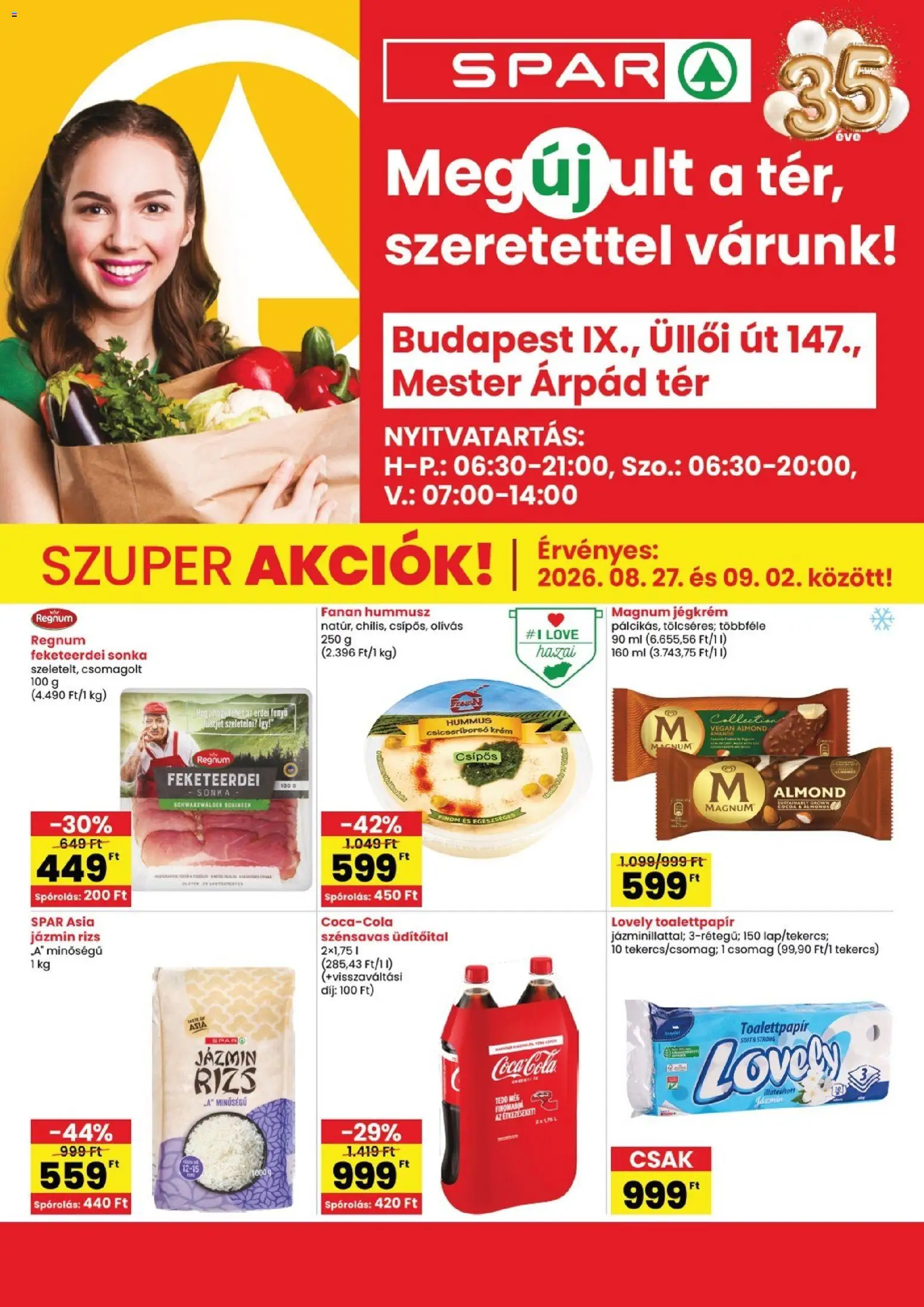 Spar akciós ujság - amely érvényes a következő dátumtól: 2026.08.27. | Oldal: 1 | Termékek: Üdítőital, Csicseriborsó, Cola, Rizs