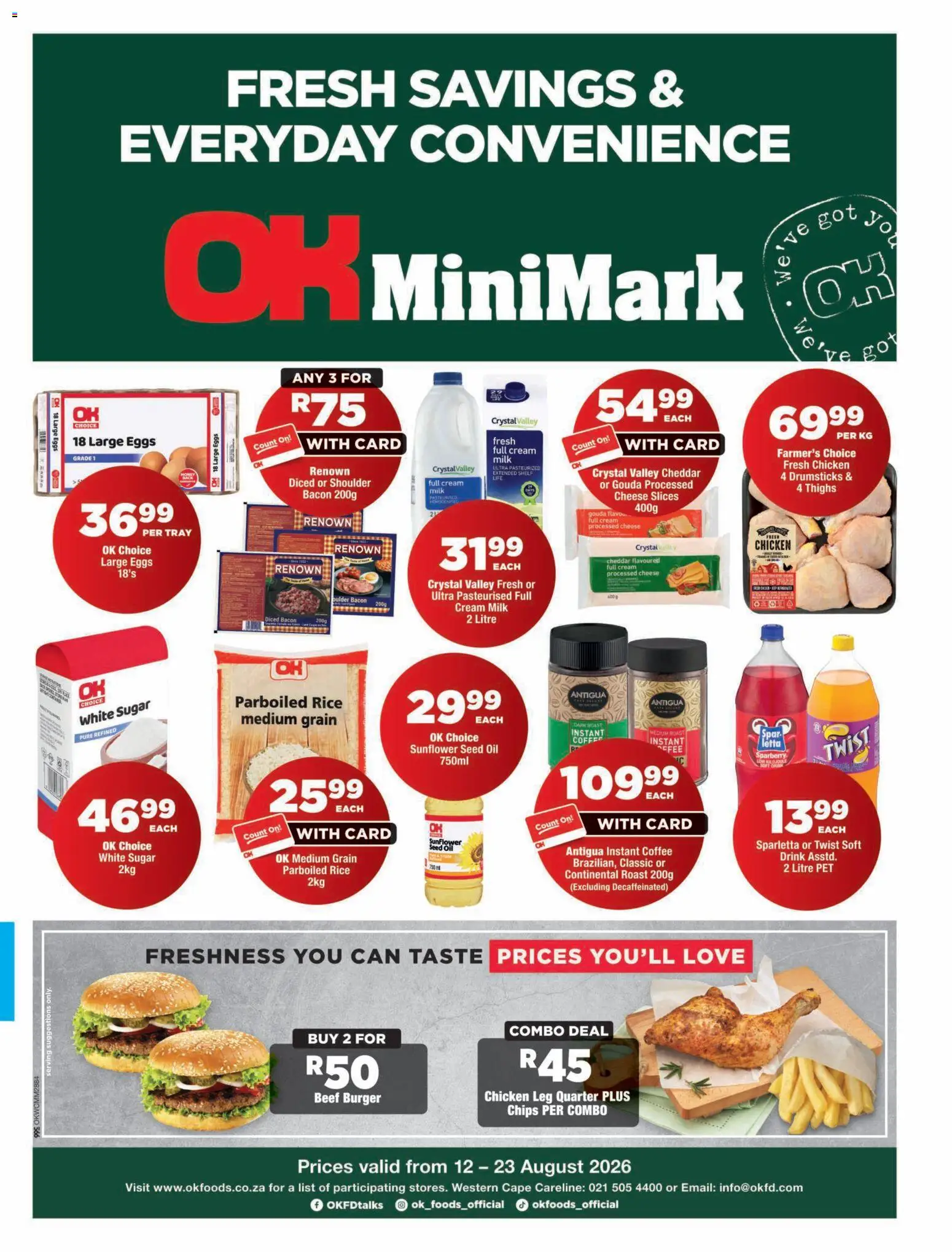 New OK Foods catalogue – valid from 12/08/2026 | Page: 1 | Products: Thighs, Beef, Chips, Sugar