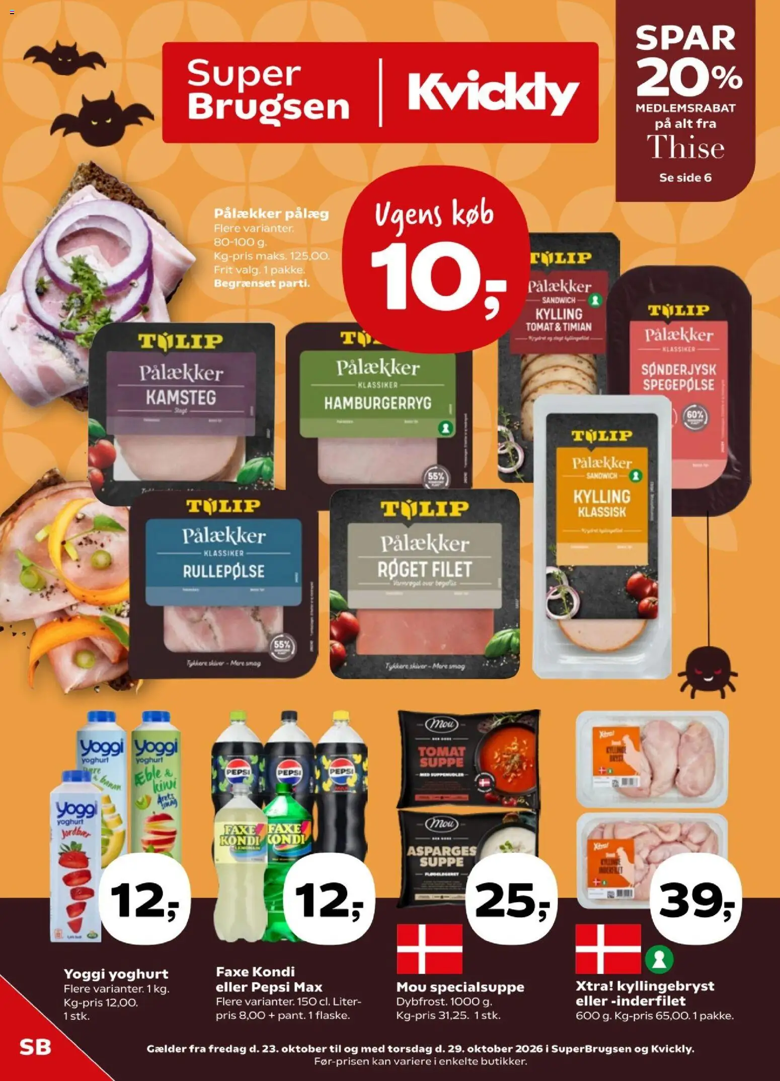 Super Brugsen tilbudsavis – gyldig fra 23/10/2026 | Side: 1 | Produkter: Yoghurt, Spegepølse, Faxe Kondi, Pepsi Max