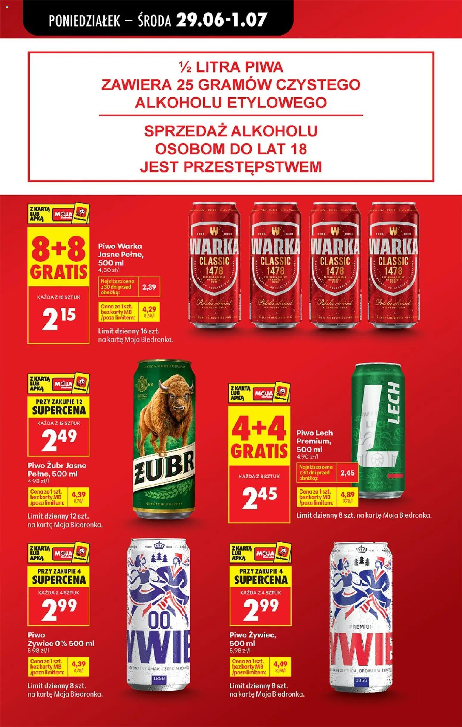 Biedronka gazetka od poniedziałku od 29.06.2026 | Strona: 21 | Produkty: Piwo żubr, Karta, Piwo Warka, Piwo