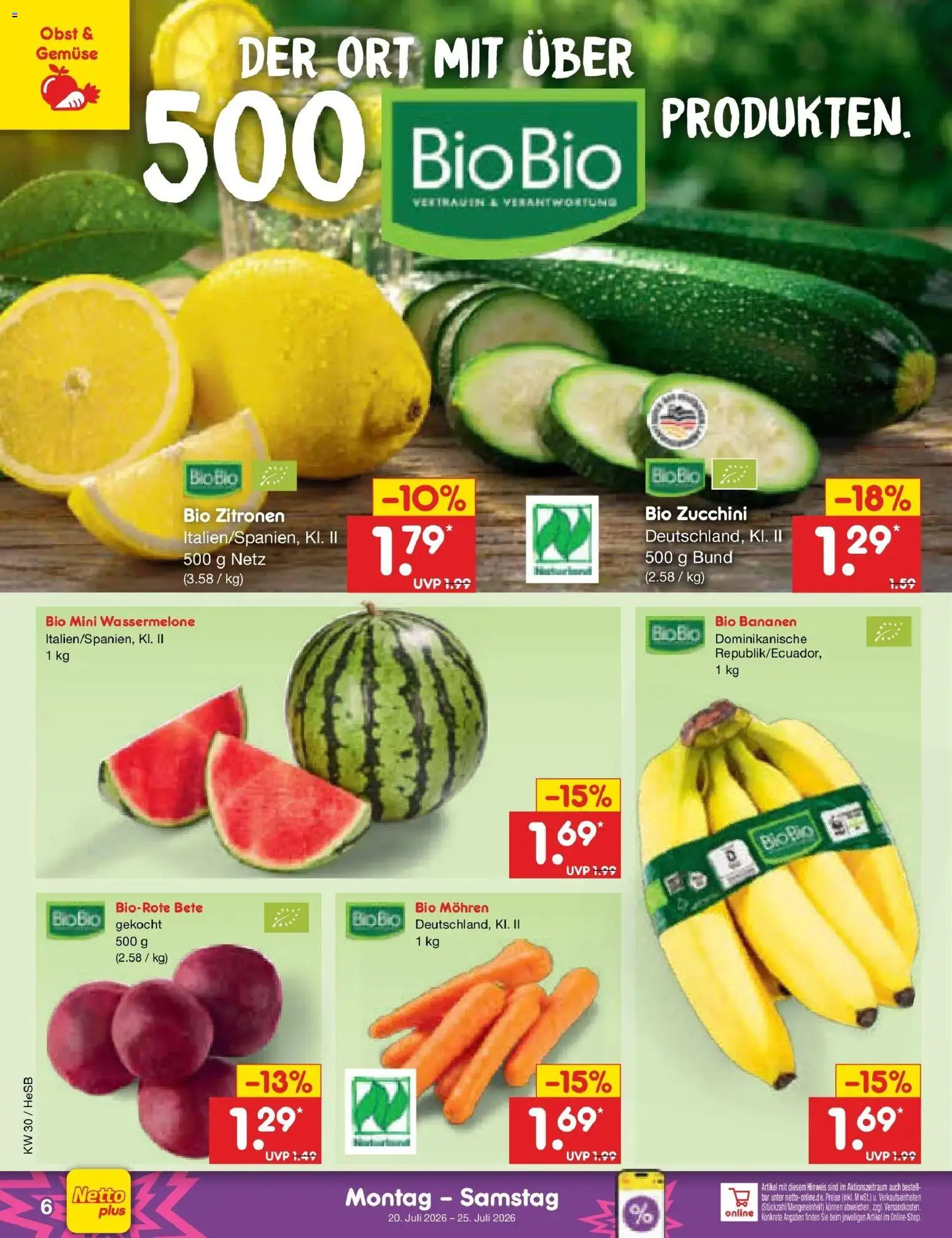 Netto Marken-Discount Prospekt Kröpelin – gültig ab 20.07.2026 | Seite: 6 | Produkte: Bananen, Mohren, Gemüse, Wassermelone