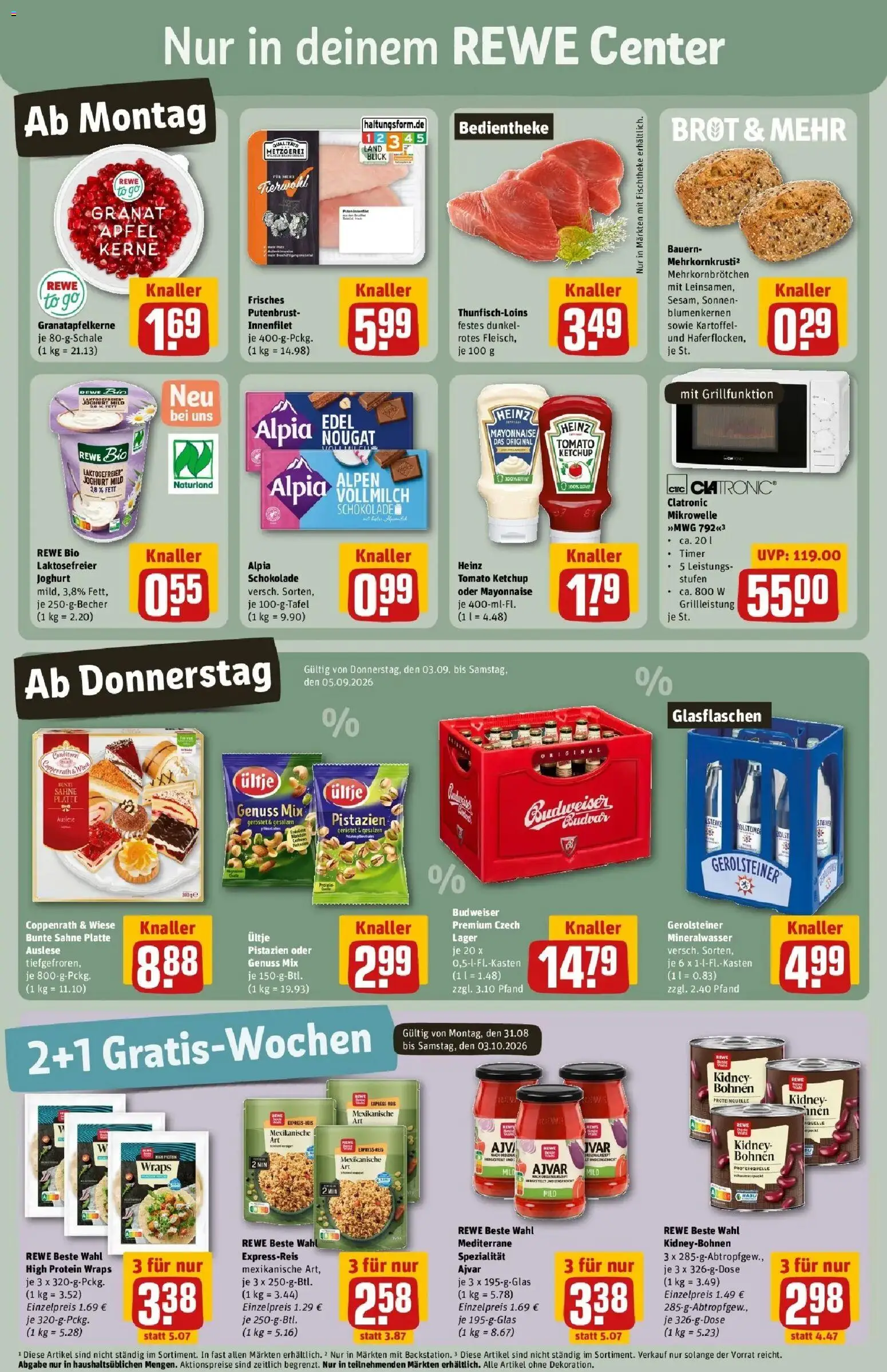 REWE Prospekt ab 31.08.2026 zum Blättern » Angebote | Seite: 3 | Produkte: Mayonnaise, Budweiser, Sahne, Gerolsteiner