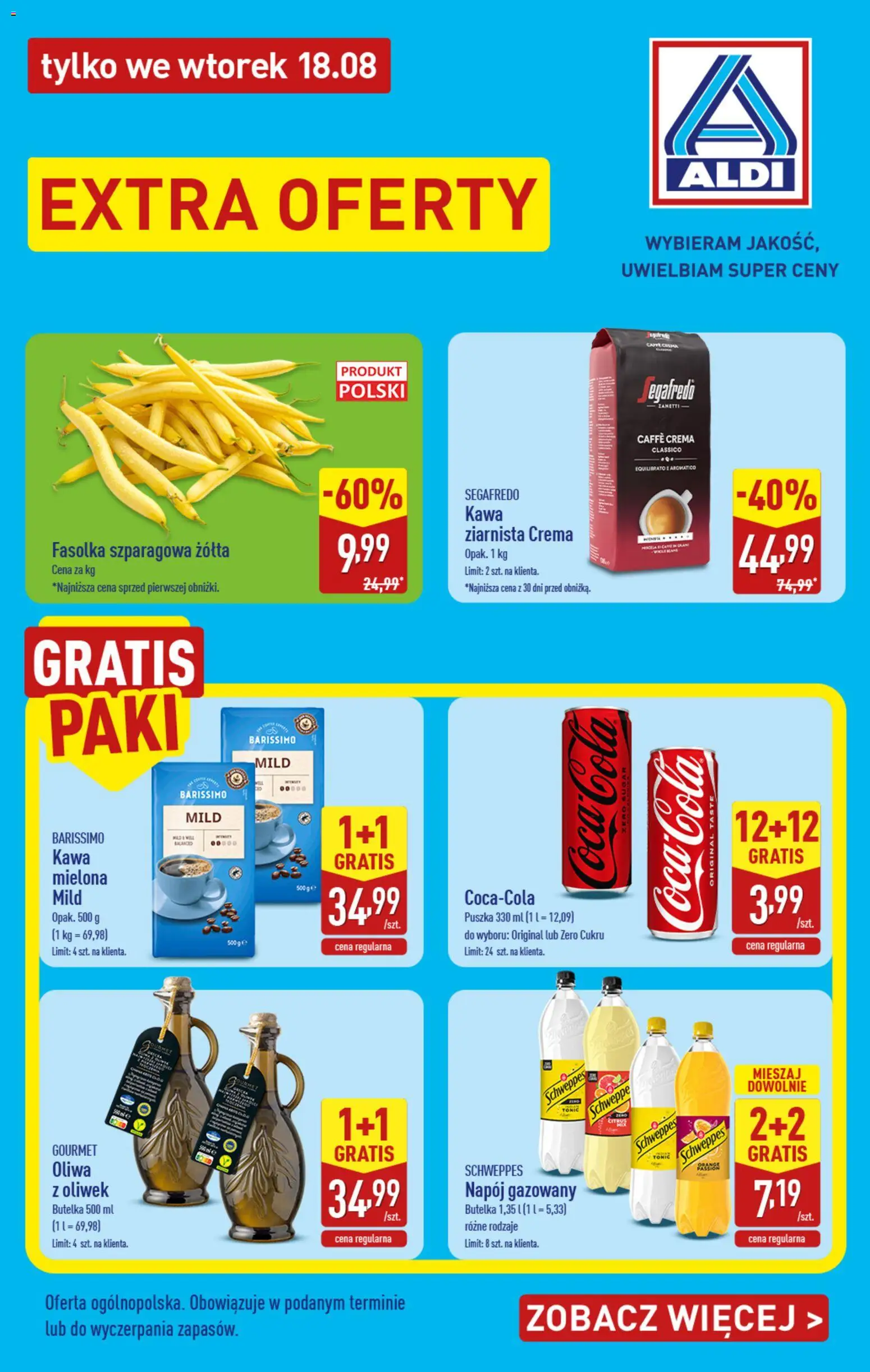 Aldi Polsko leták - Extra oferty od 18.08.2026 | Strana: 1 | Produkty: Tonic, Crema, Segafredo, Caffè crema