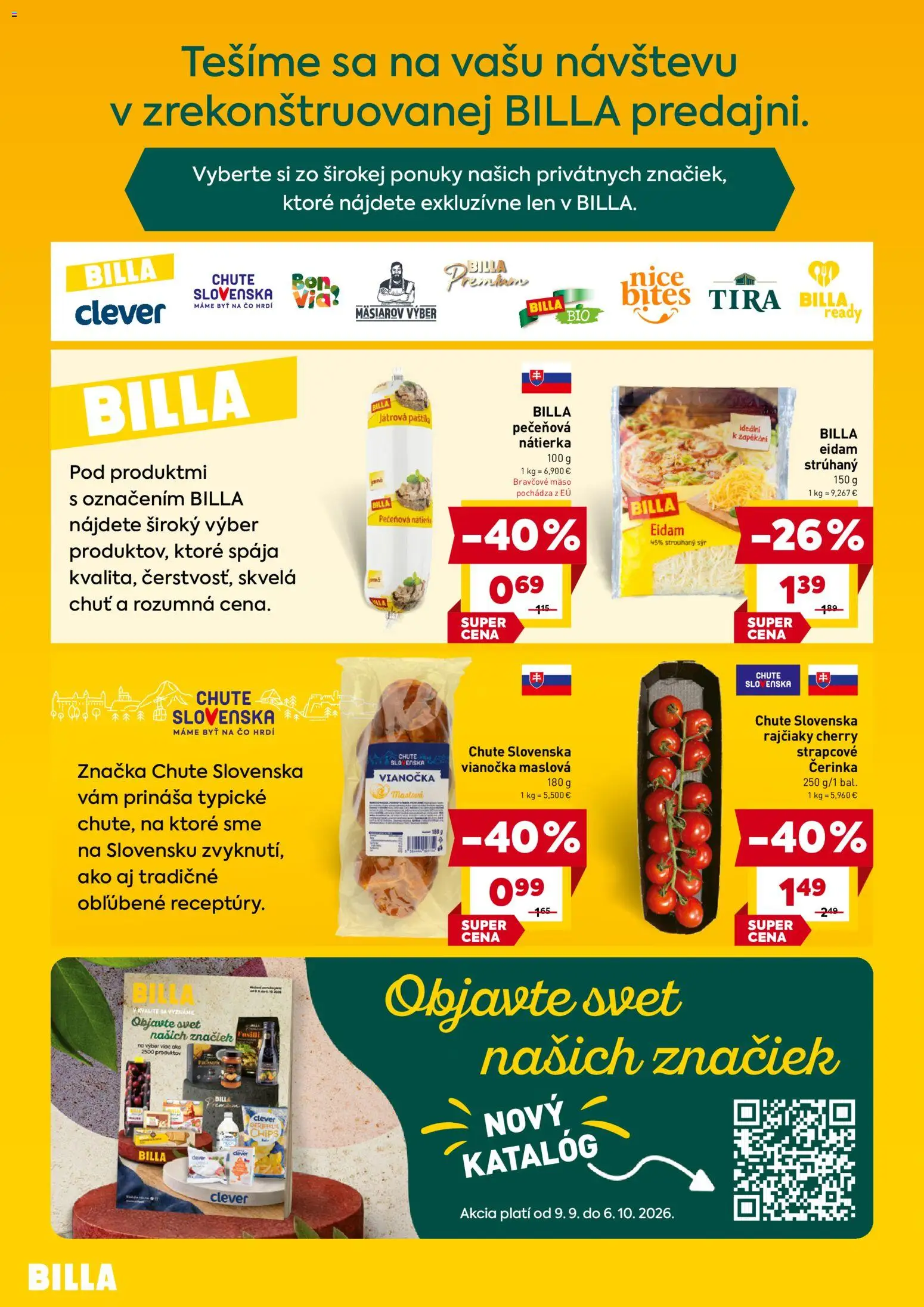 Nové Billa akcie – leták je platný od 16.09.2026 | Strana: 2 | Produkty: Fusilli, Eidam, Vianočka, Mäso