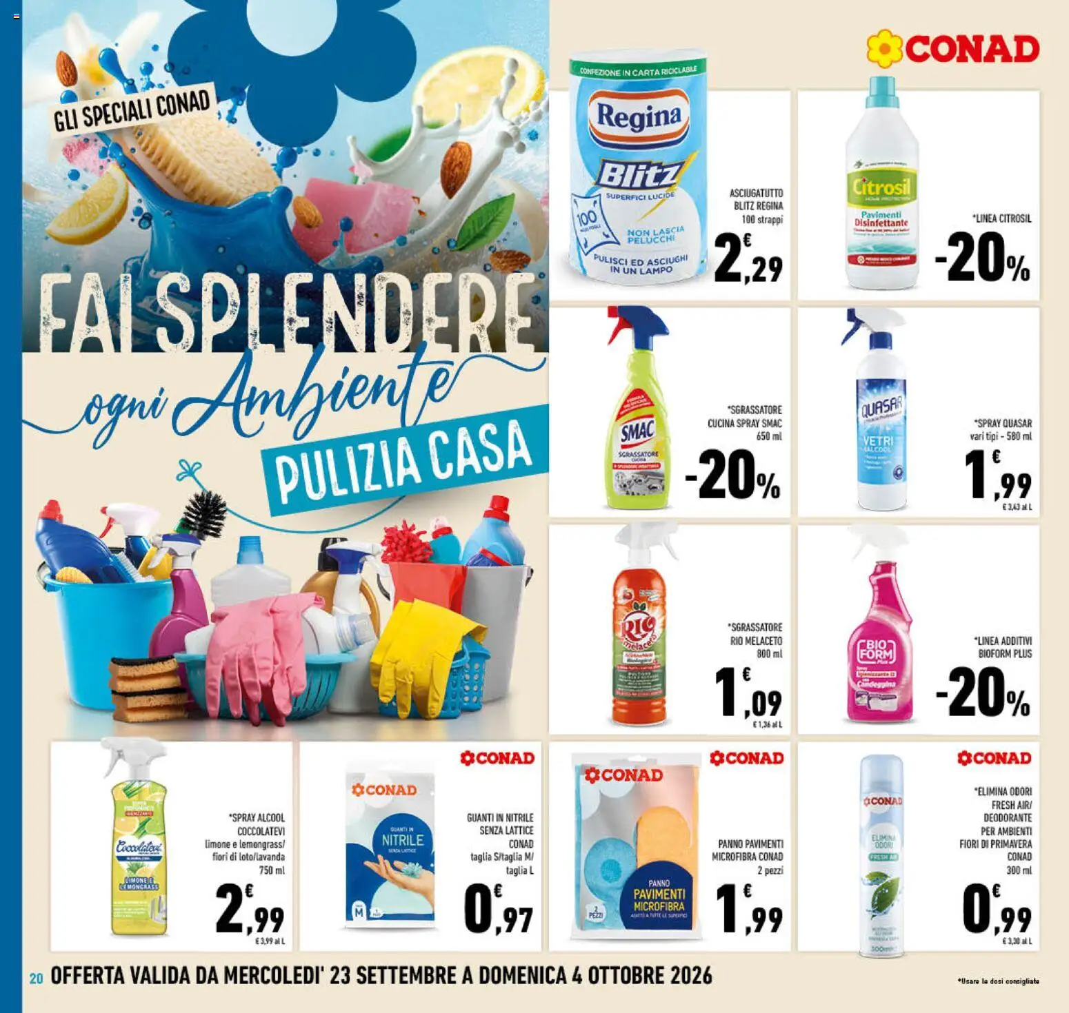 Volantino Conad del 23/09/2026 | Pagina: 20 | Prodotti: Deodorante, Candeggina, Fiori, Asciugatutto
