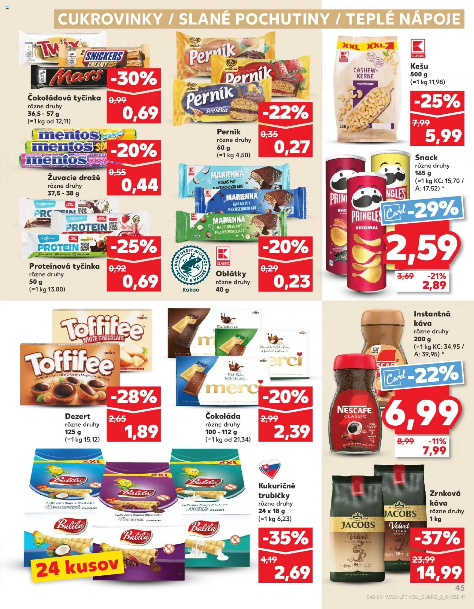 Nové Kaufland akcie – leták je platný od 25.06.2026 | Strana: 45 | Produkty: Protein, Pringles, Toffifee, Soľ