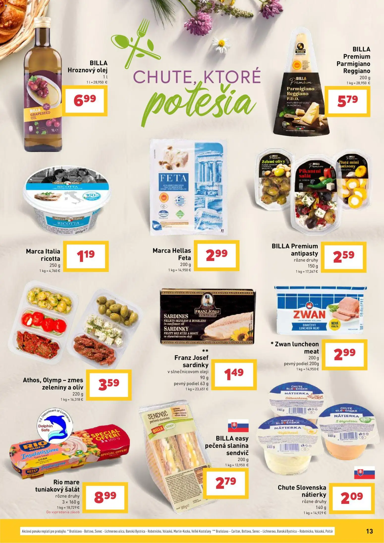 Nové Billa akcie – leták je platný od 17.06.2026 | Strana: 13 | Produkty: Olej, Sardinky, Slanina, Feta