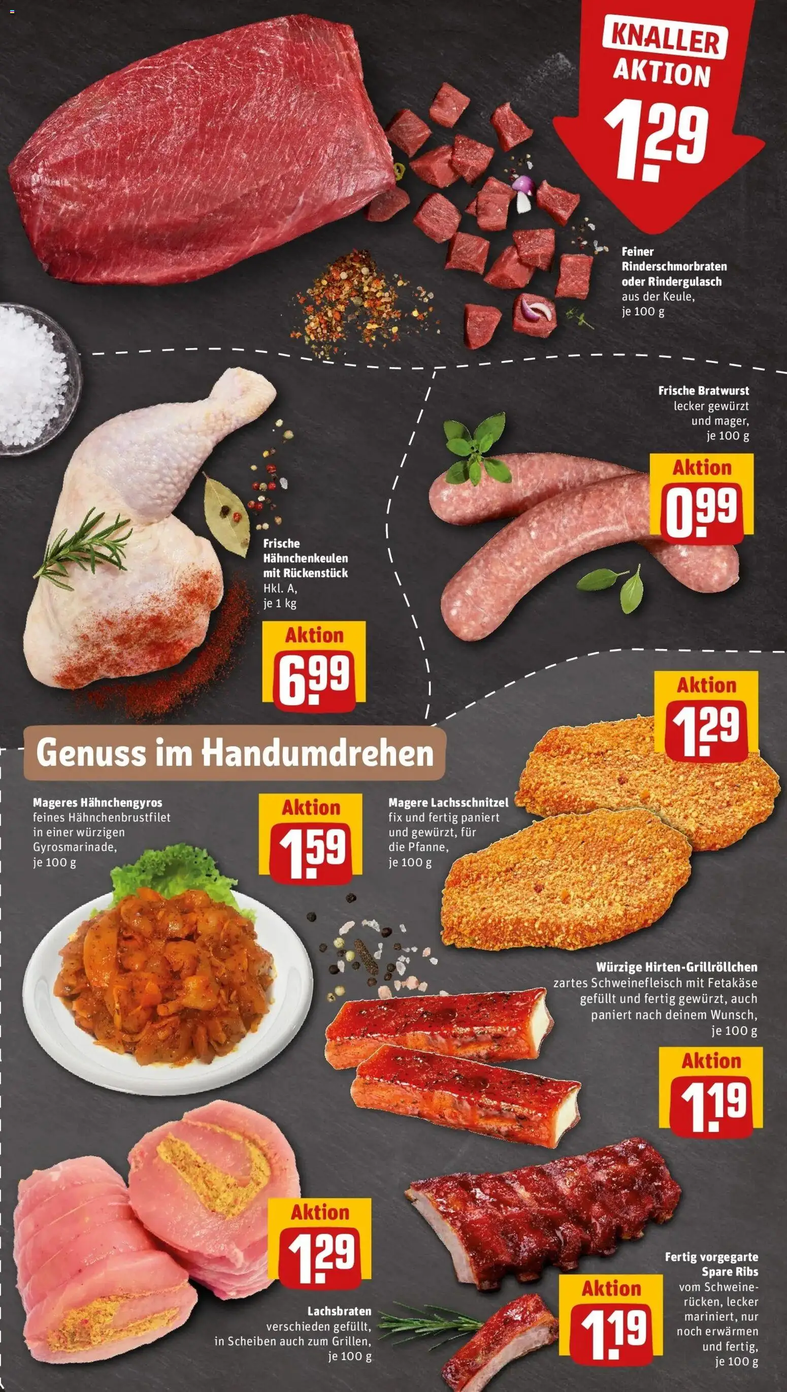 REWE Prospekt ab 10.08.2026 zum Blättern » Angebote | Seite: 9 | Produkte: Rindergulasch, Bratwurst, Spare ribs, Schweinefleisch