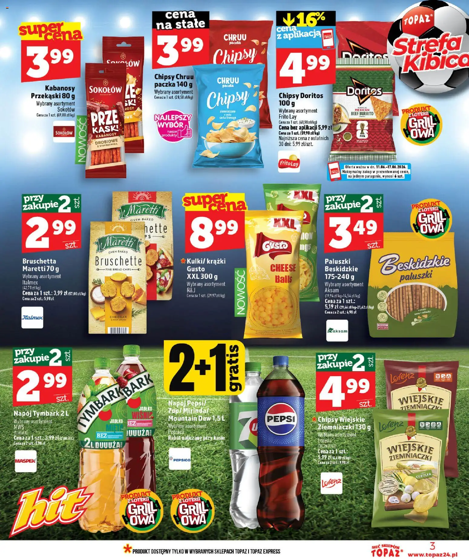 Topaz gazetka od 11.06.2026 | Strona: 3 | Produkty: Pepsi, Kabanosy, Ziemniaczki, Wieprzowina